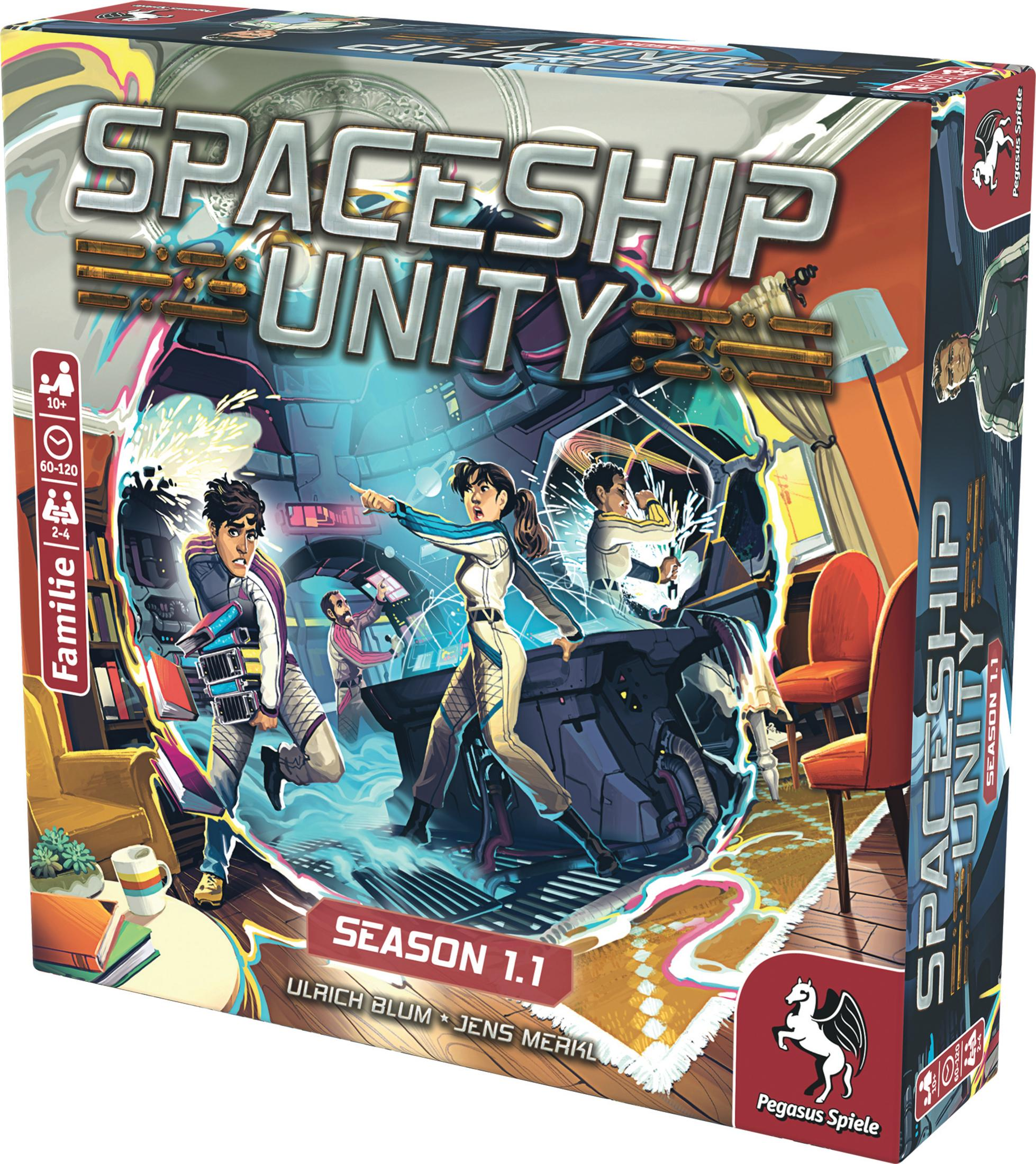 Eine Brettspielbox mit dem Titel 'Spaceship Unity' mit einer Science-Fiction-Illustration von Menschen in einem Raumschiffinneren.