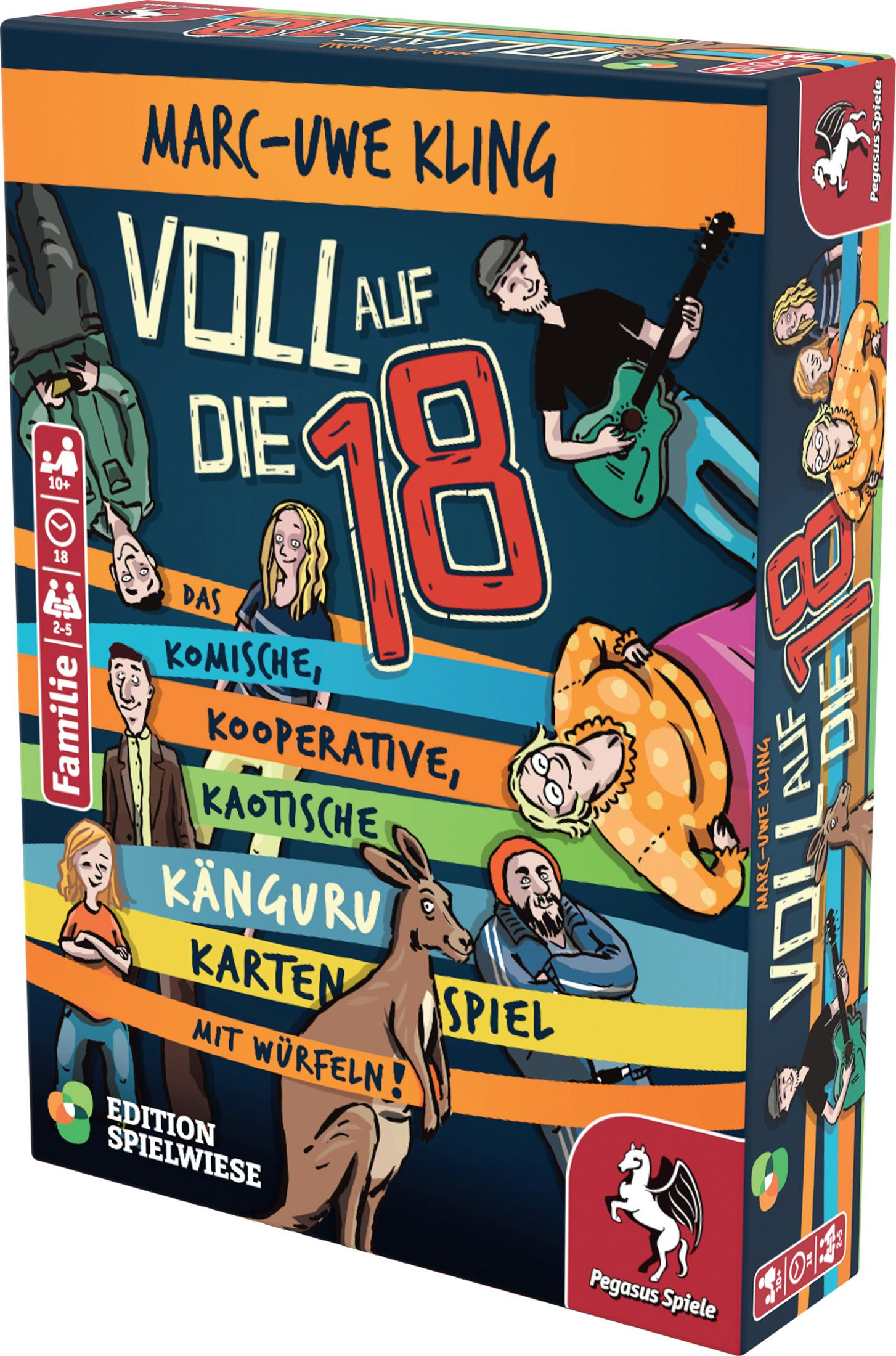 Brettspielbox mit dem Titel "Voll Auf Die 18" mit Cartoonfiguren und einem Känguru. Die Box ist farbenfroh.