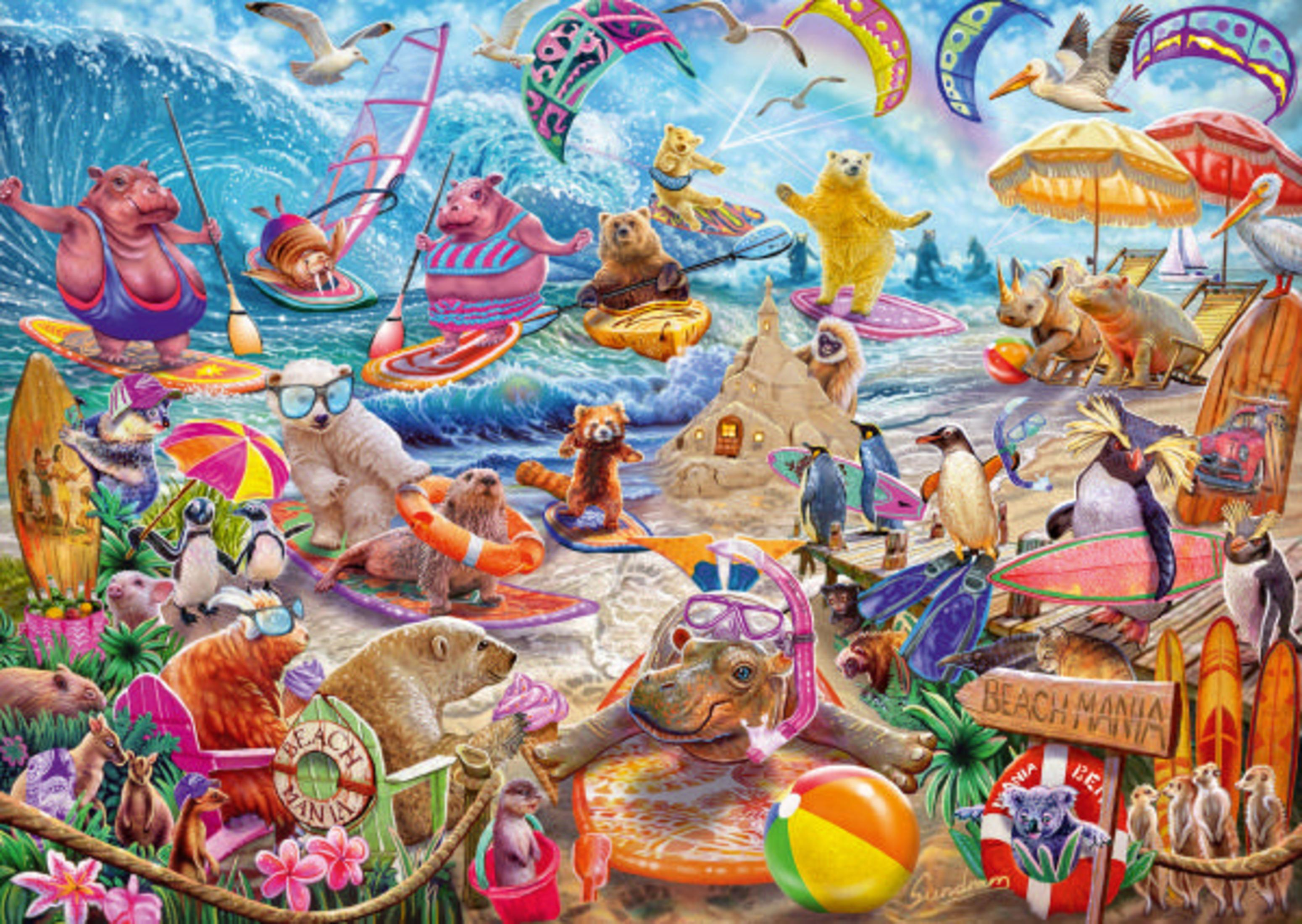 Une scène de plage colorée avec divers animaux sur des planches de surf et un ballon de plage.
