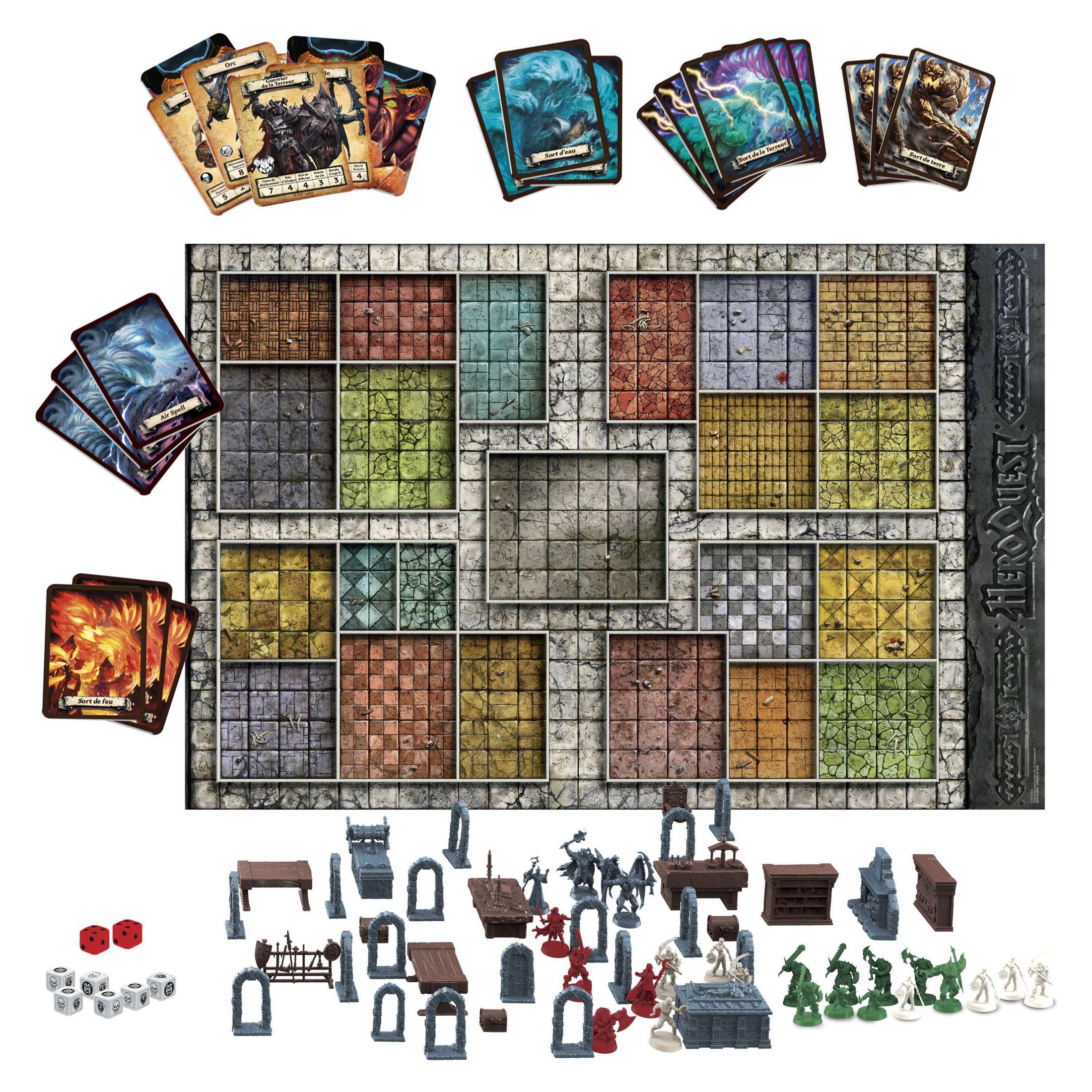 Configuración del juego de mesa HeroQuest. Tablero, cartas, dados, miniaturas y piezas de mazmorras están a la vista.