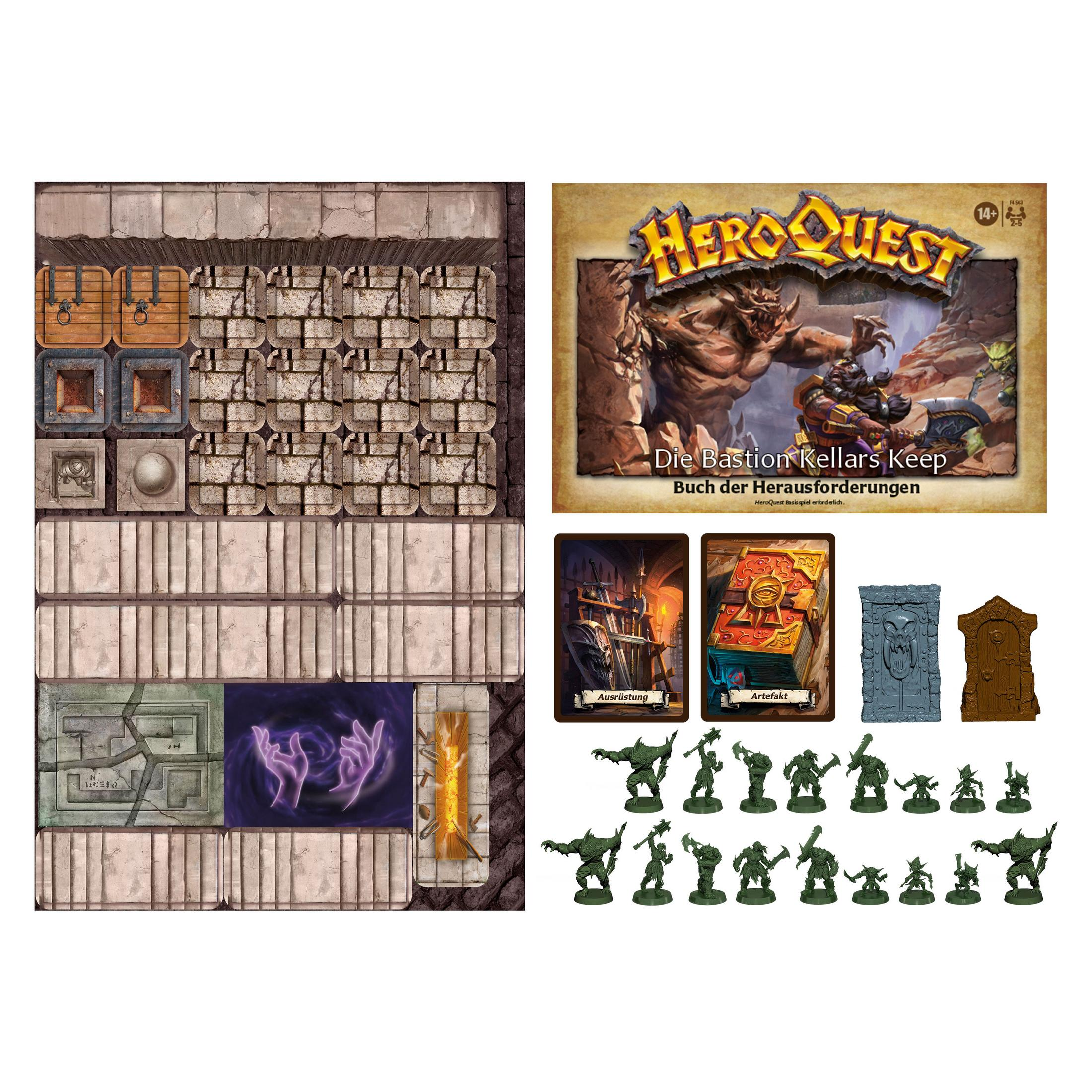 HeroQuest-Brettspielkomponenten, darunter Spielbrettabschnitte, Figuren und Karten, auf einem Tisch angeordnet.