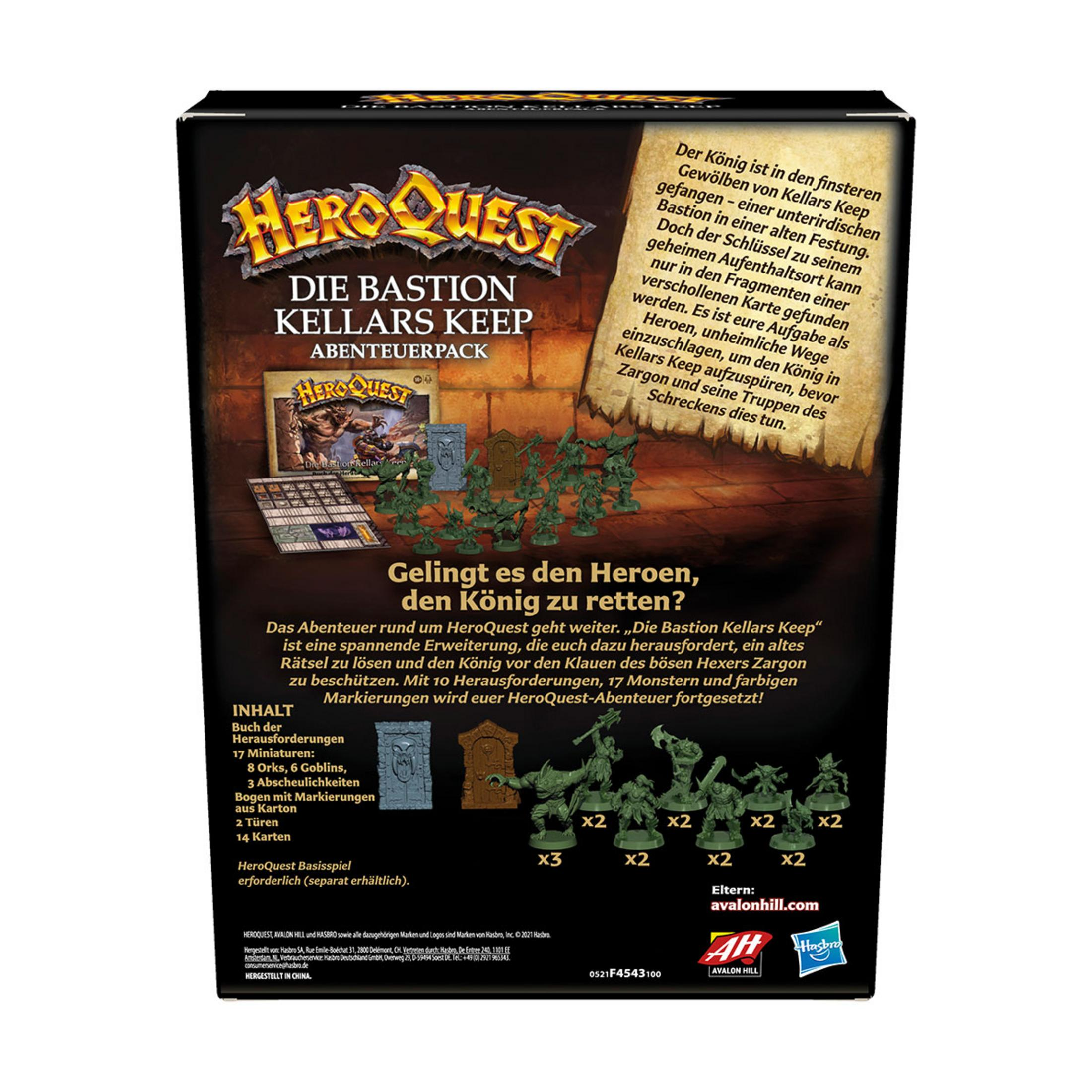 HeroQuest-Box mit Figuren, Spielbrett und Karten.