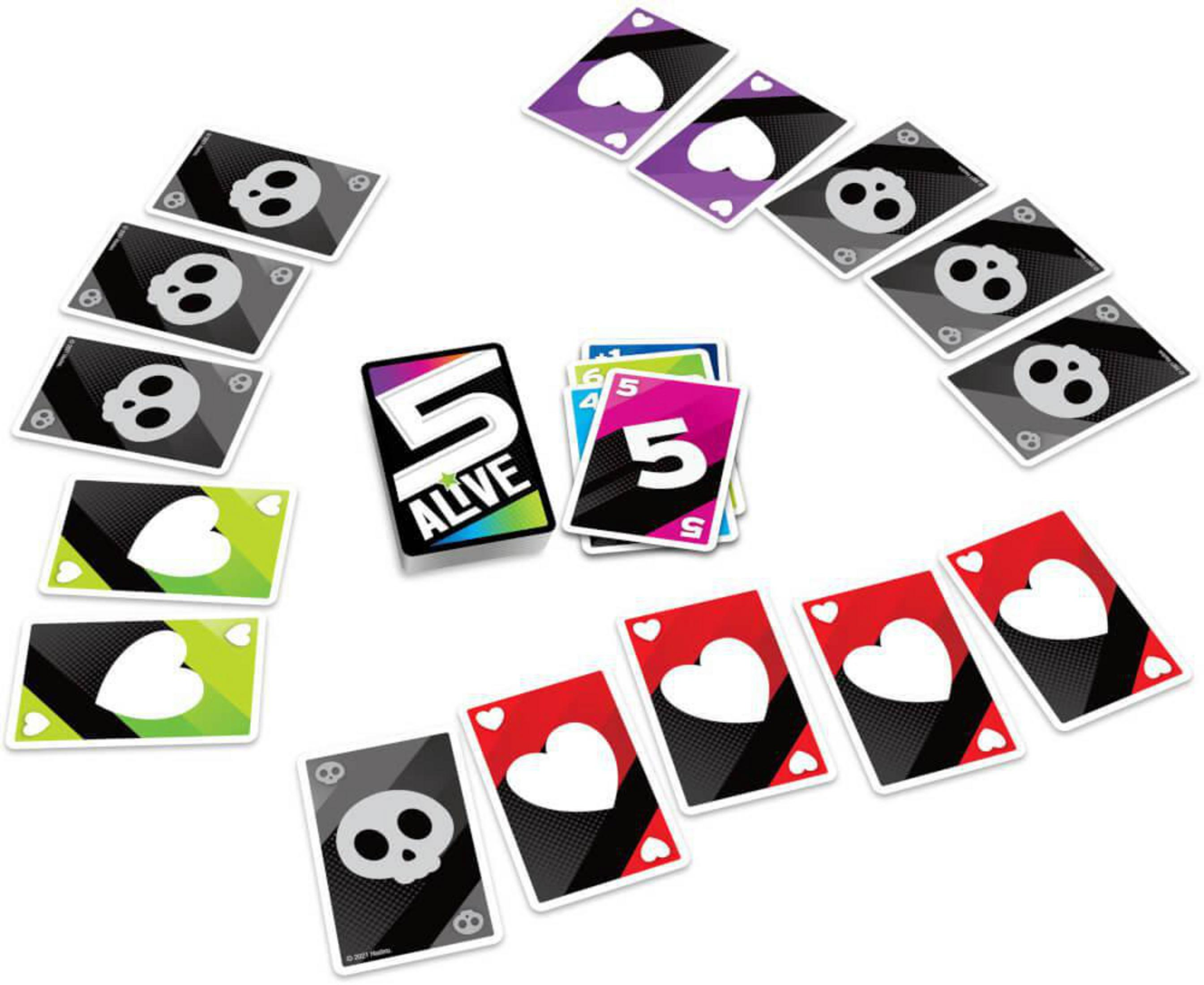 Das Brettspiel 5 Alive wird mit Karten gezeigt. Der Hintergrund ist weiß.
