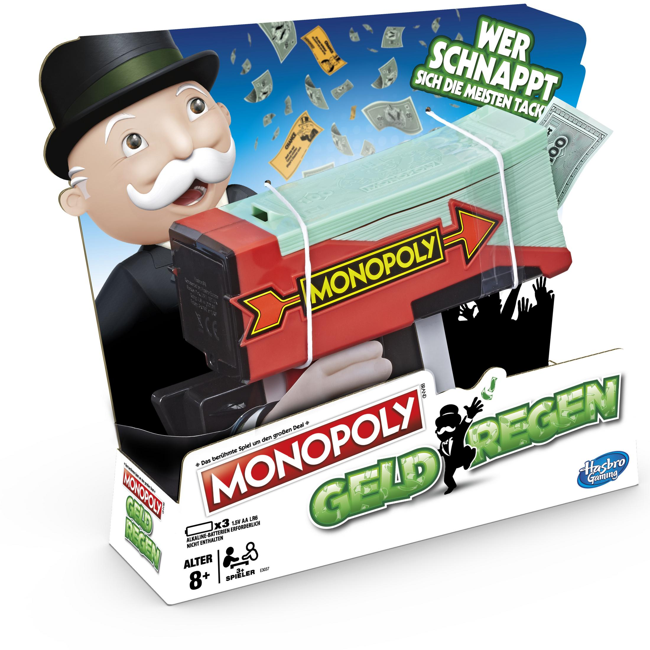 Monopoly-Geldspritze. Ein Mann im schwarzen Anzug steht hinter der Pistole.