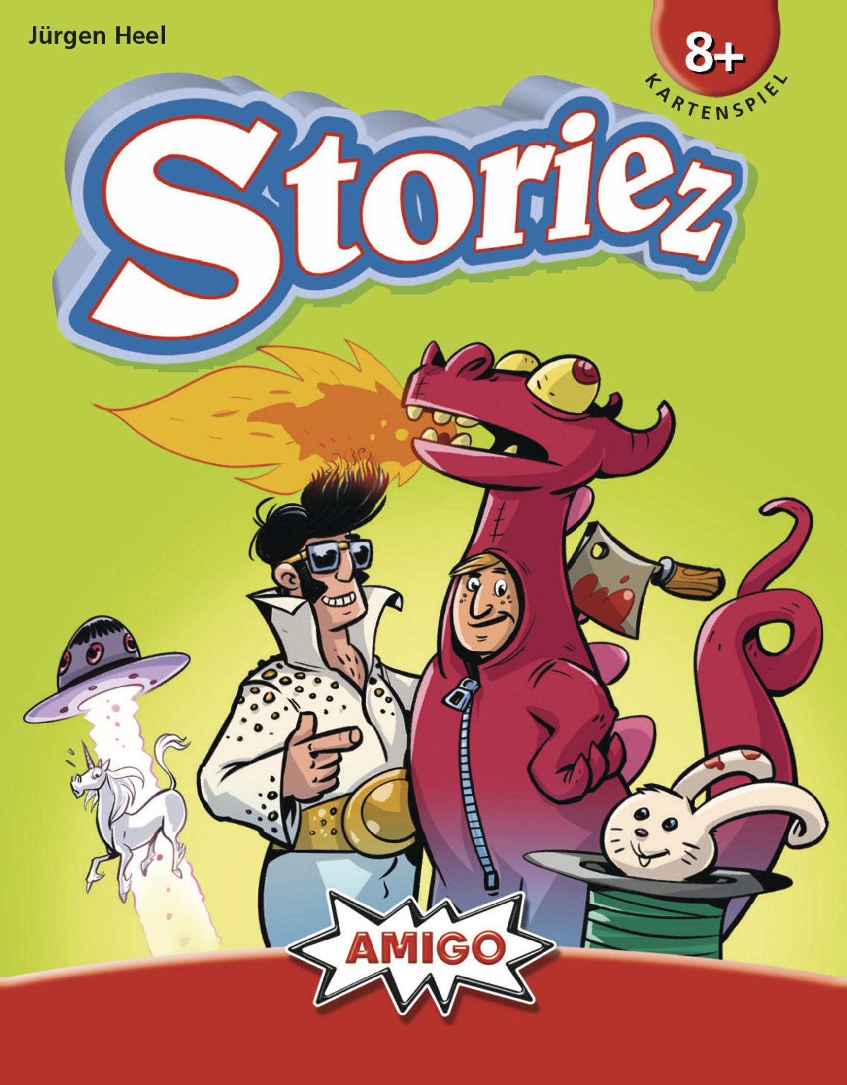 Das Box-Art für 'Storyz' zeigt einen Drachen, der Feuer speit, Elvis und andere Zeichentrickfiguren auf grünem Hintergrund.