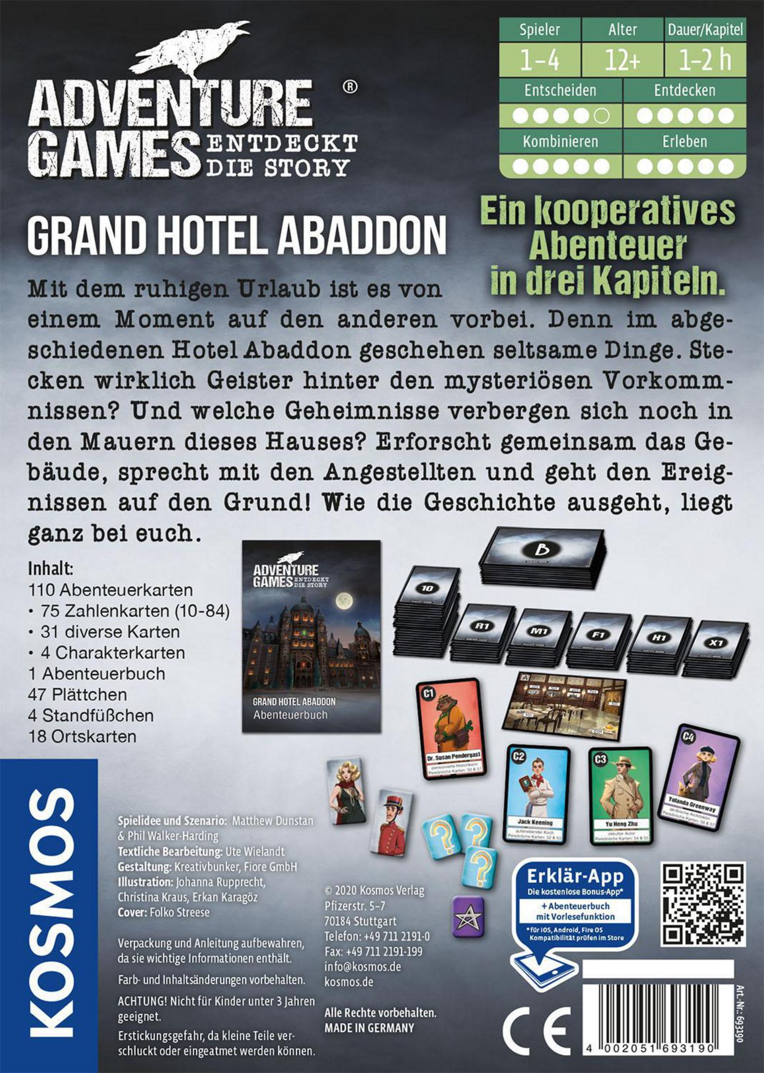 Die Rückseite der Grand Hotel Abaddon-Spielbox, die Spielelemente und die Beschreibung des Spiels zeigt.