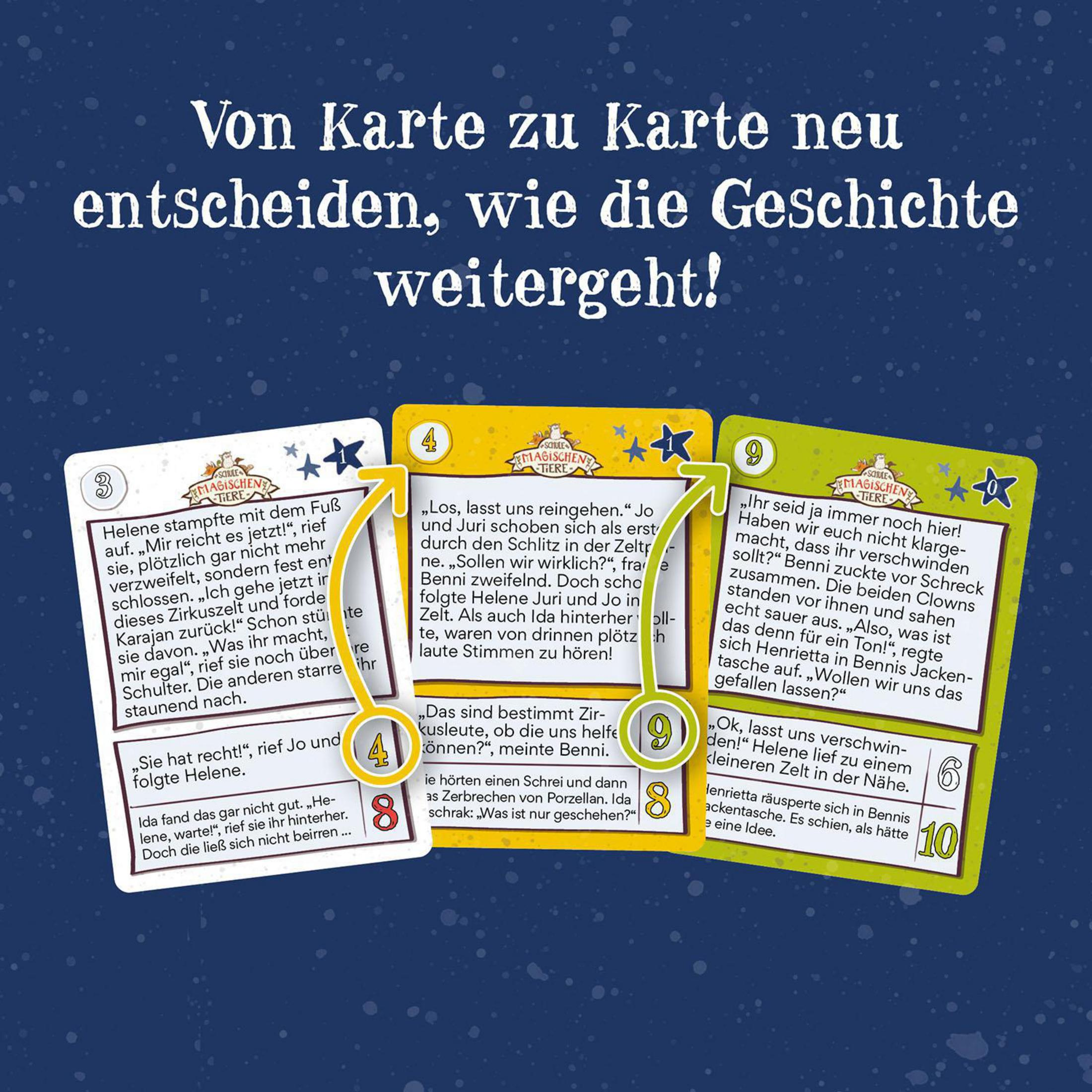 Ein Brettspiel mit Karten und einem Titel. Karten zeigen nummerierte Szenen und die Worte 'Von Karte zu neu entscheiden'.