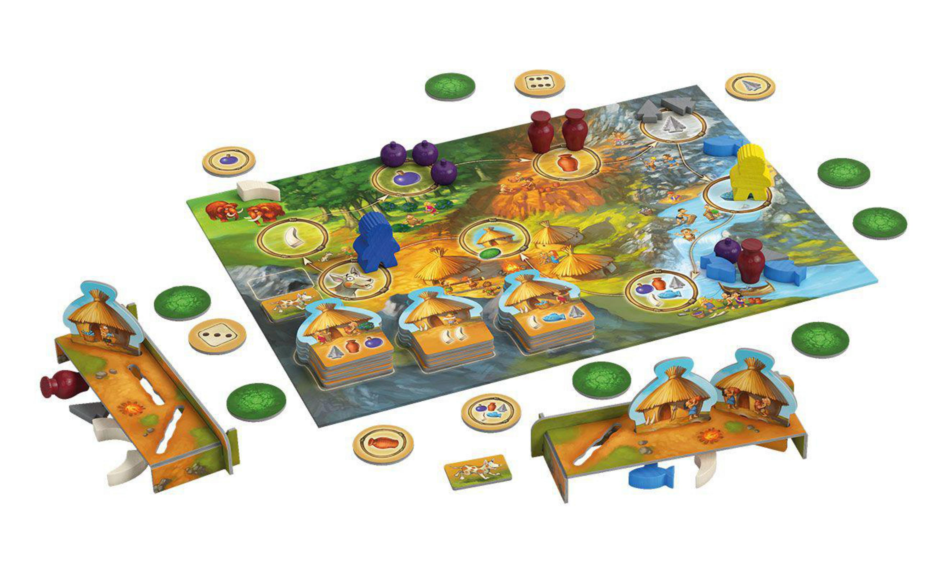 Brettspiel. Das Spielbrett hat Hütten, Charaktere, Spielsteine ​​und eine Holzbrücke. Die Farben sind grün und blau.