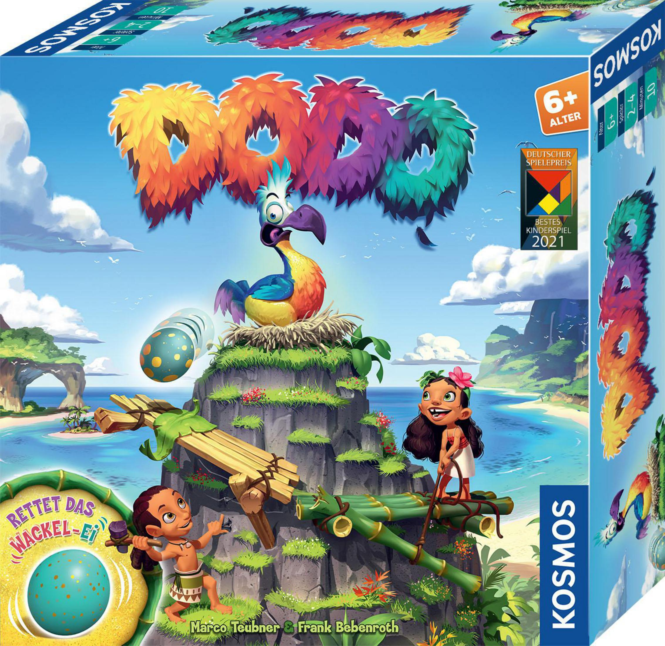 Spielbox-Art, bunter Vogel mit Ei, zwei Kinder auf Holzbrücke, tropischer Inselhintergrund.