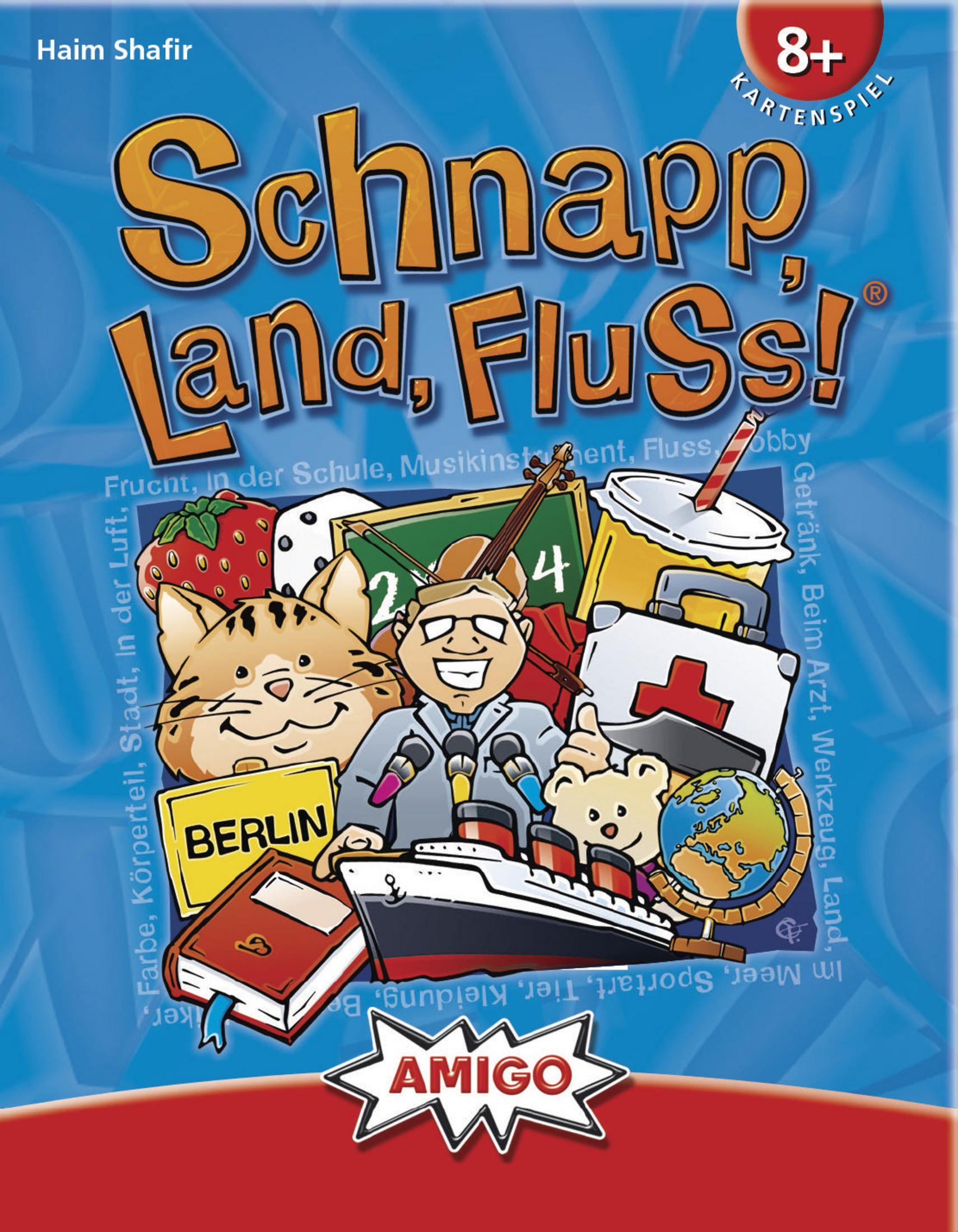 Eine Spielbox mit Cartoonfiguren und einer Stadt. Der Titel lautet 'Schnapp, Land, Fluss!'