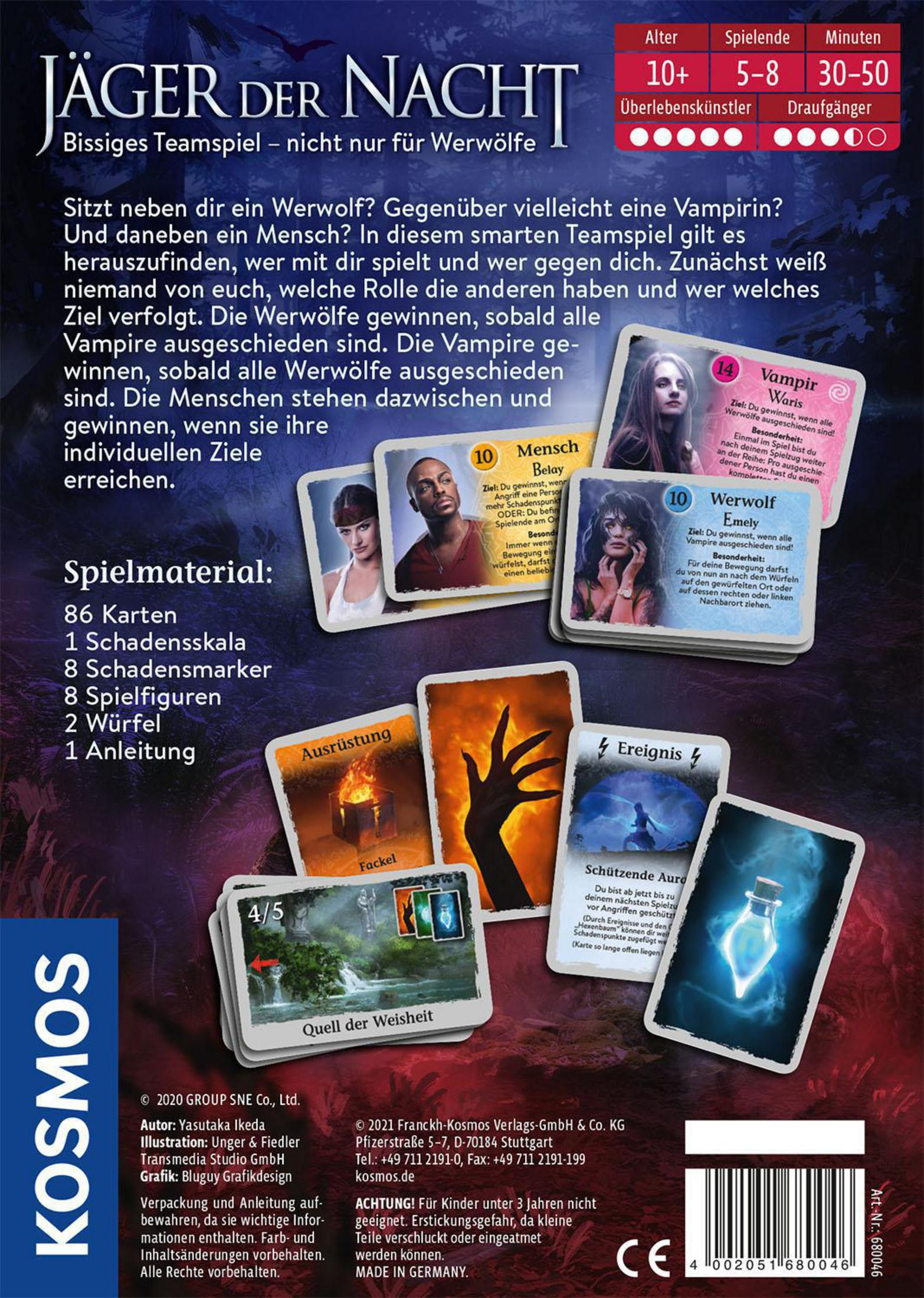 Rückseite einer Brettspielbox. Das Spiel heißt Jäger Der Nacht. Verschiedene Karten und Anweisungen sind sichtbar.