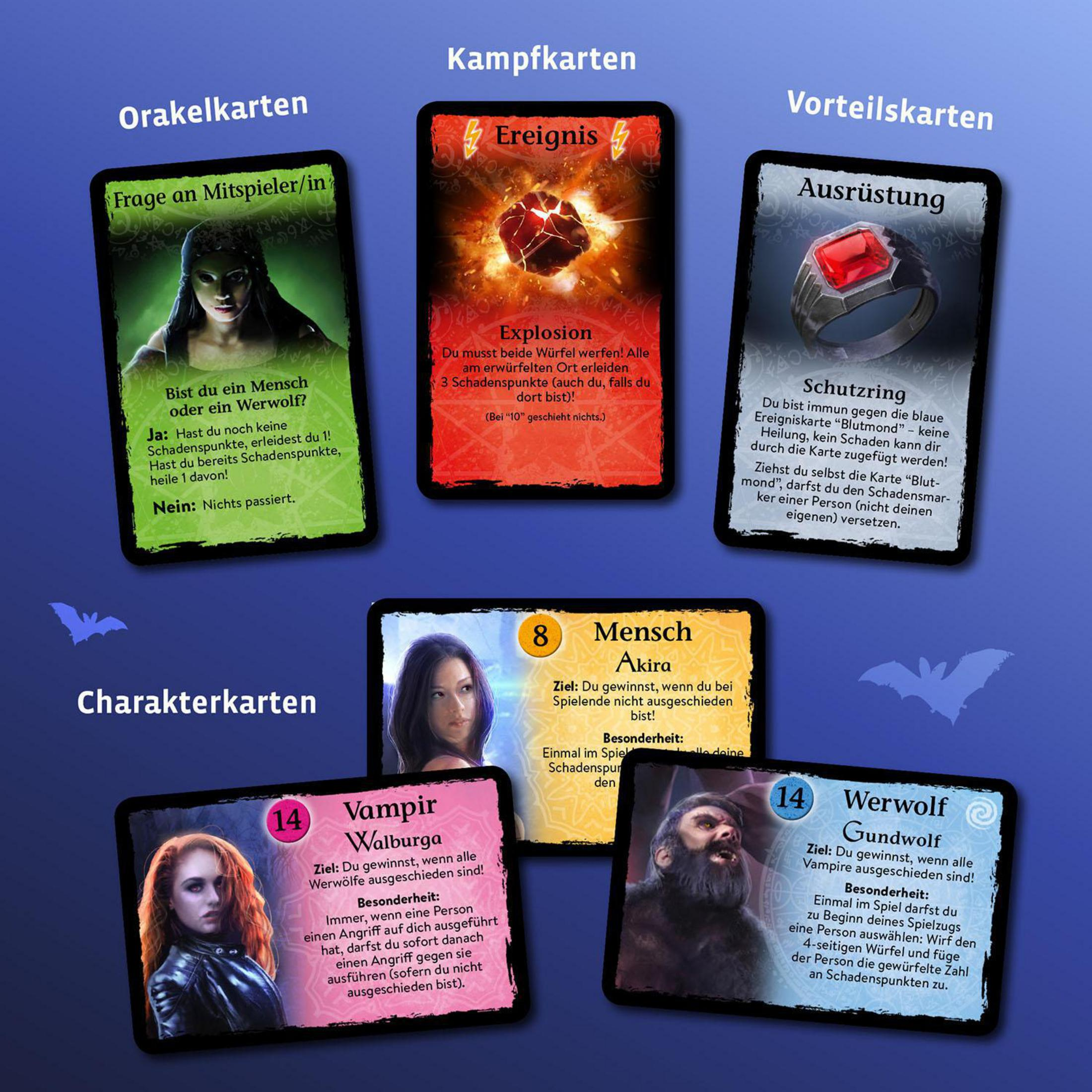 Karten aus einem deutschen Brettspiel, mit verschiedenen Illustrationen von Charakteren und Spielelementen.