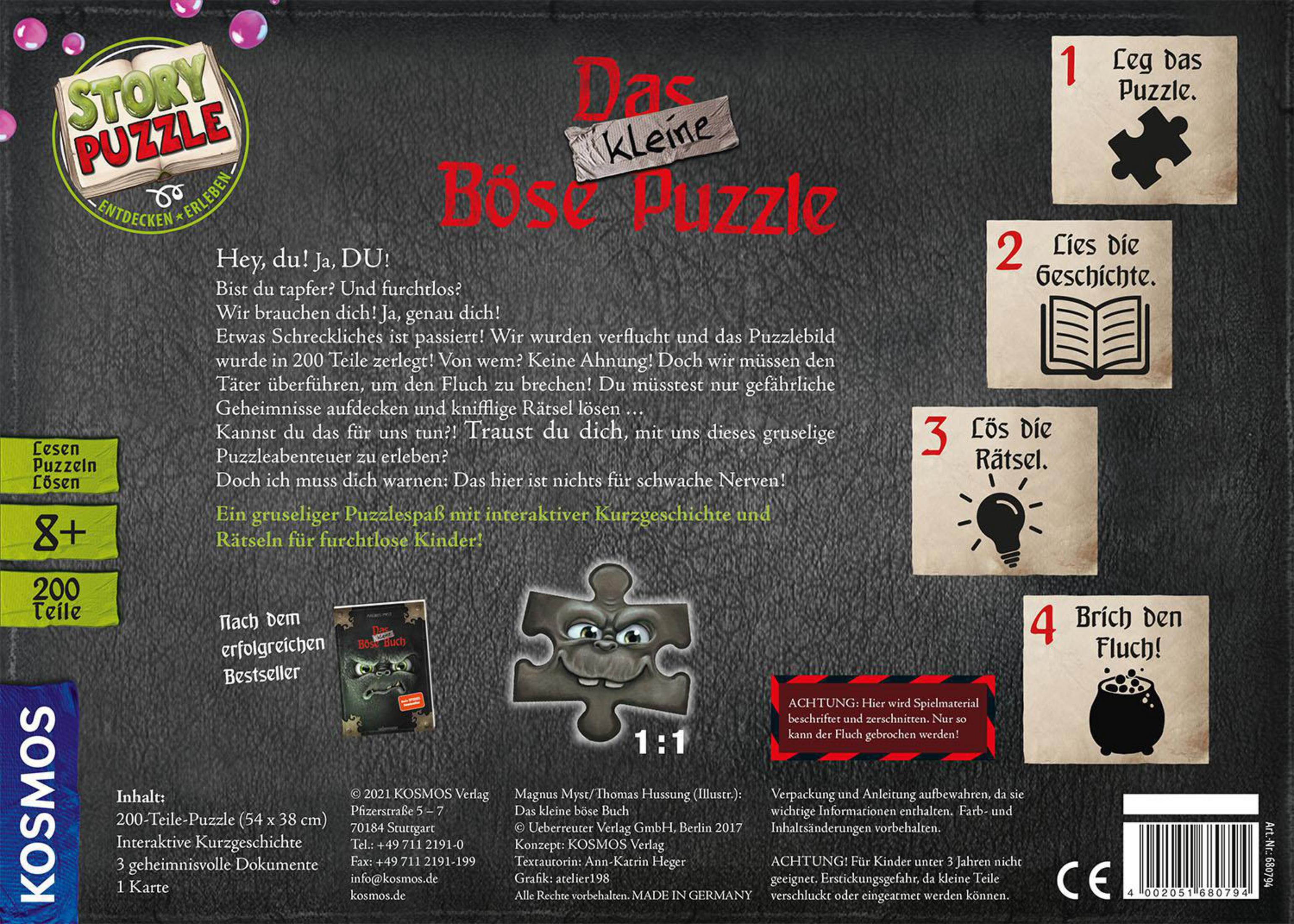 Rückseite einer Brettspielbox, Das Kleine Böse Puzzle, mit Anweisungen und Puzzleteilen.