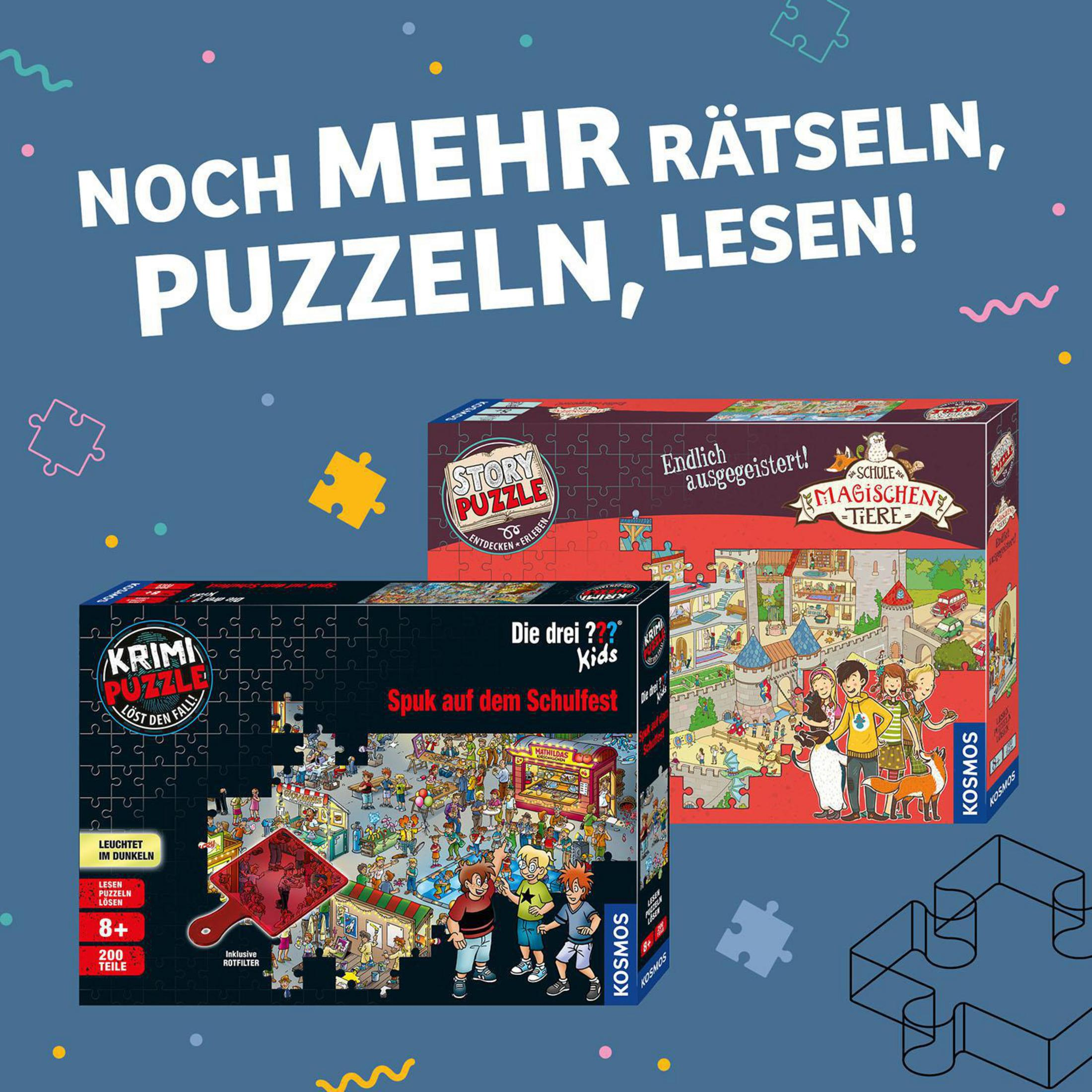 Zwei Puzzledosen, eine mit Menschen, die andere mit einem Story-Puzzle, und Text auf Deutsch.