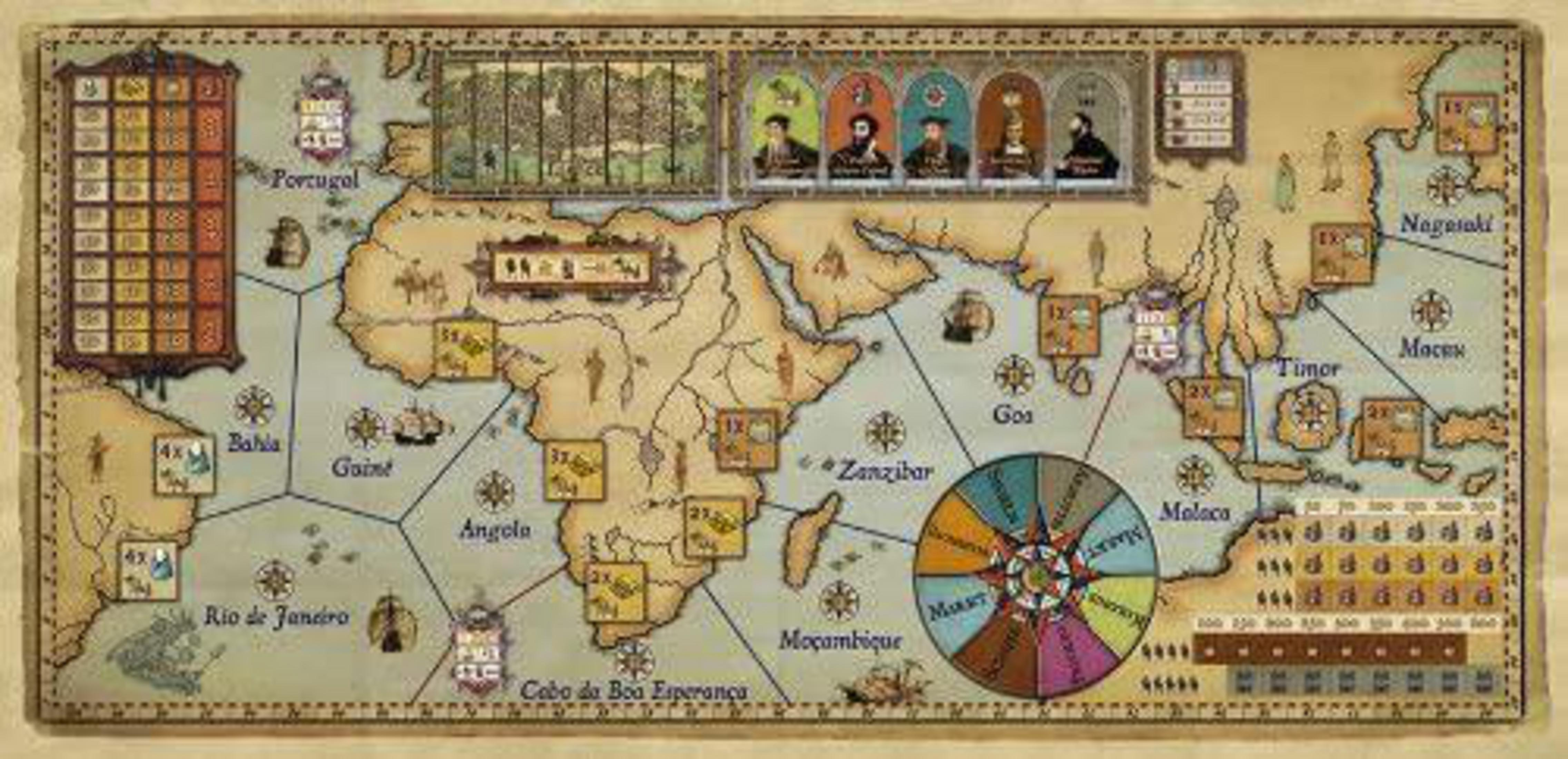 Ein Brettspiel-Weltkarte, die Kontinente und Ozeane zeigt, mit Textbeschriftungen.