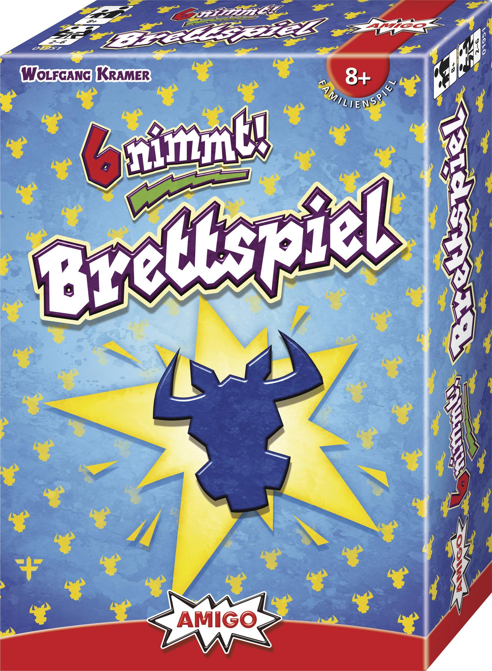 Brettspielbox. Text: 6 Nimmt! Brettspiel. Bild hat einen gelben Stern und einen blauen Bullen.