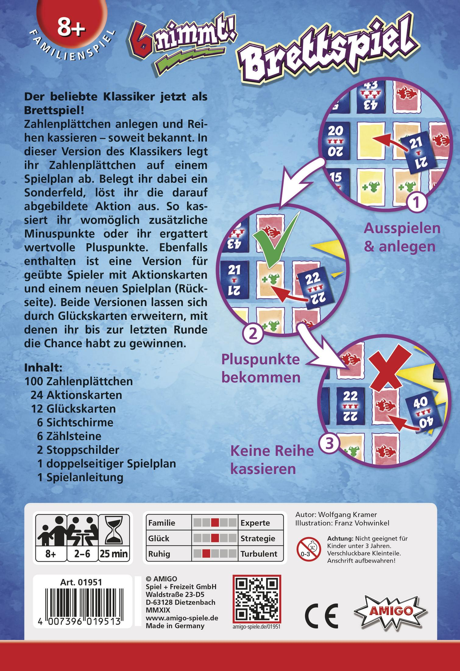 Rückseite der Brettspielbox. Anweisungen mit Spielbildern und Text. Bunte Spielkarten und Komponenten werden gezeigt.