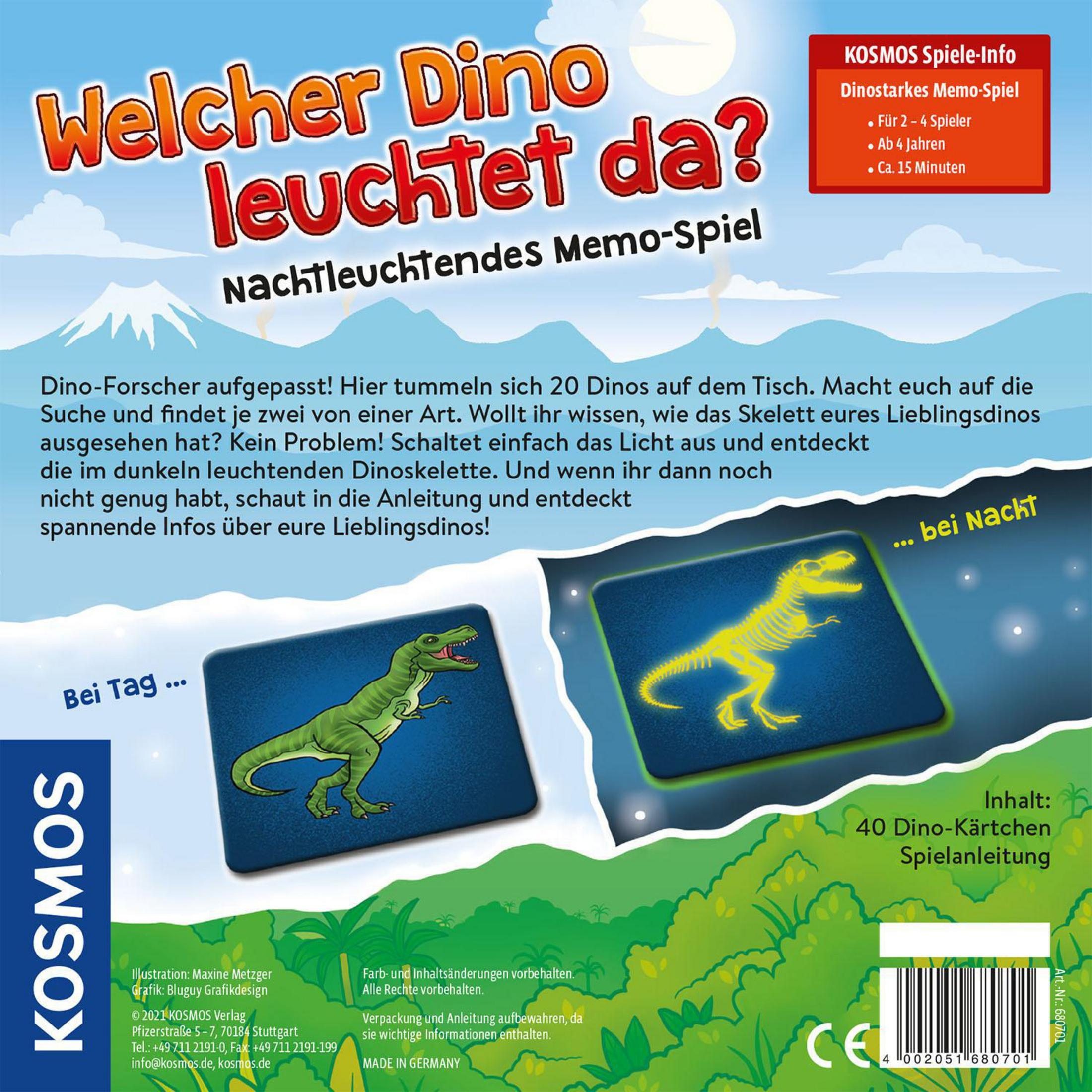 Brettspielbox, Dino-Memory-Spiel, mit Dinosaurier-Illustrationen und Text. Enthält zwei Karten mit Dinosauriern.
