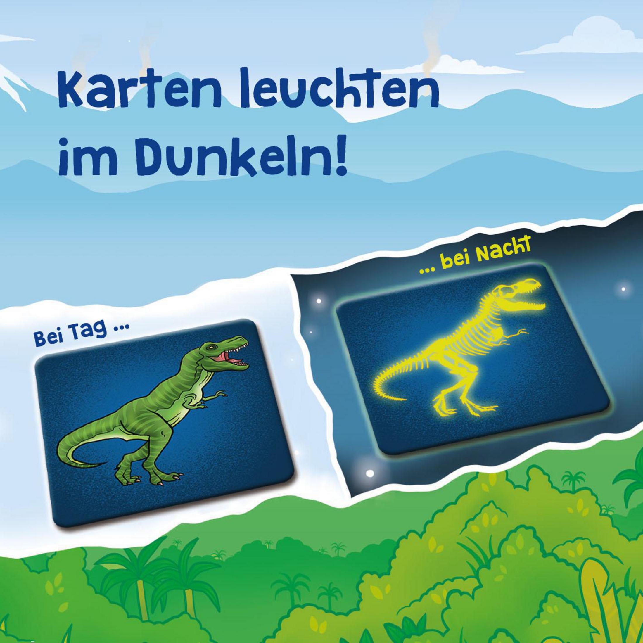 Spielkarten: Tag- und Nacht-Dinosaurier. Tag: grüner T-Rex. Nacht: leuchtendes Dinosaurierskelett.