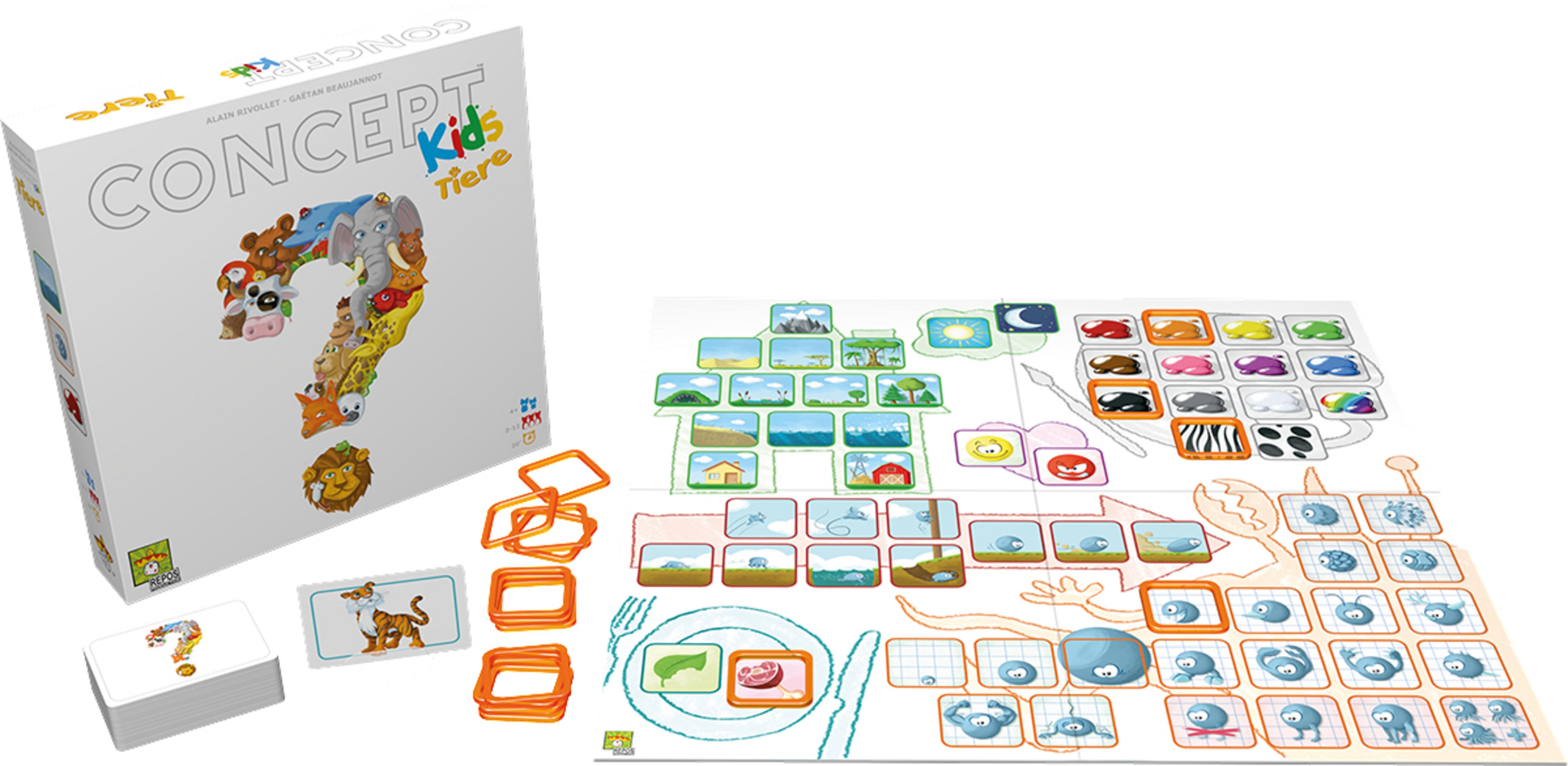 Concept Kids: Tiere Spiel-Elemente. Die Box und Spielsteine sind sichtbar. Das Spiel handelt von Tieren.