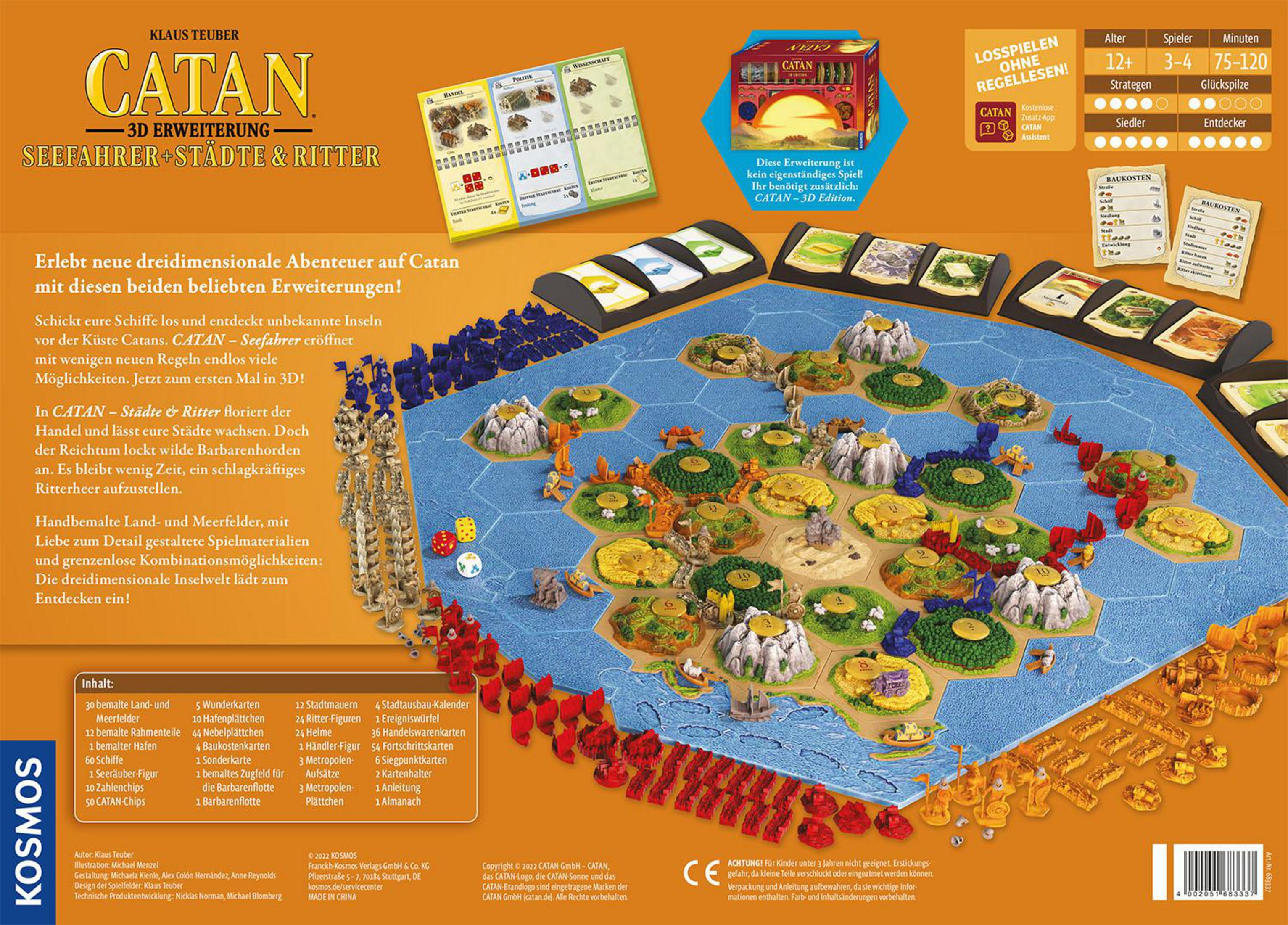 Catan Brettspielbox und Spielbrett. Enthält Spielsteine, Würfel und Anleitung.