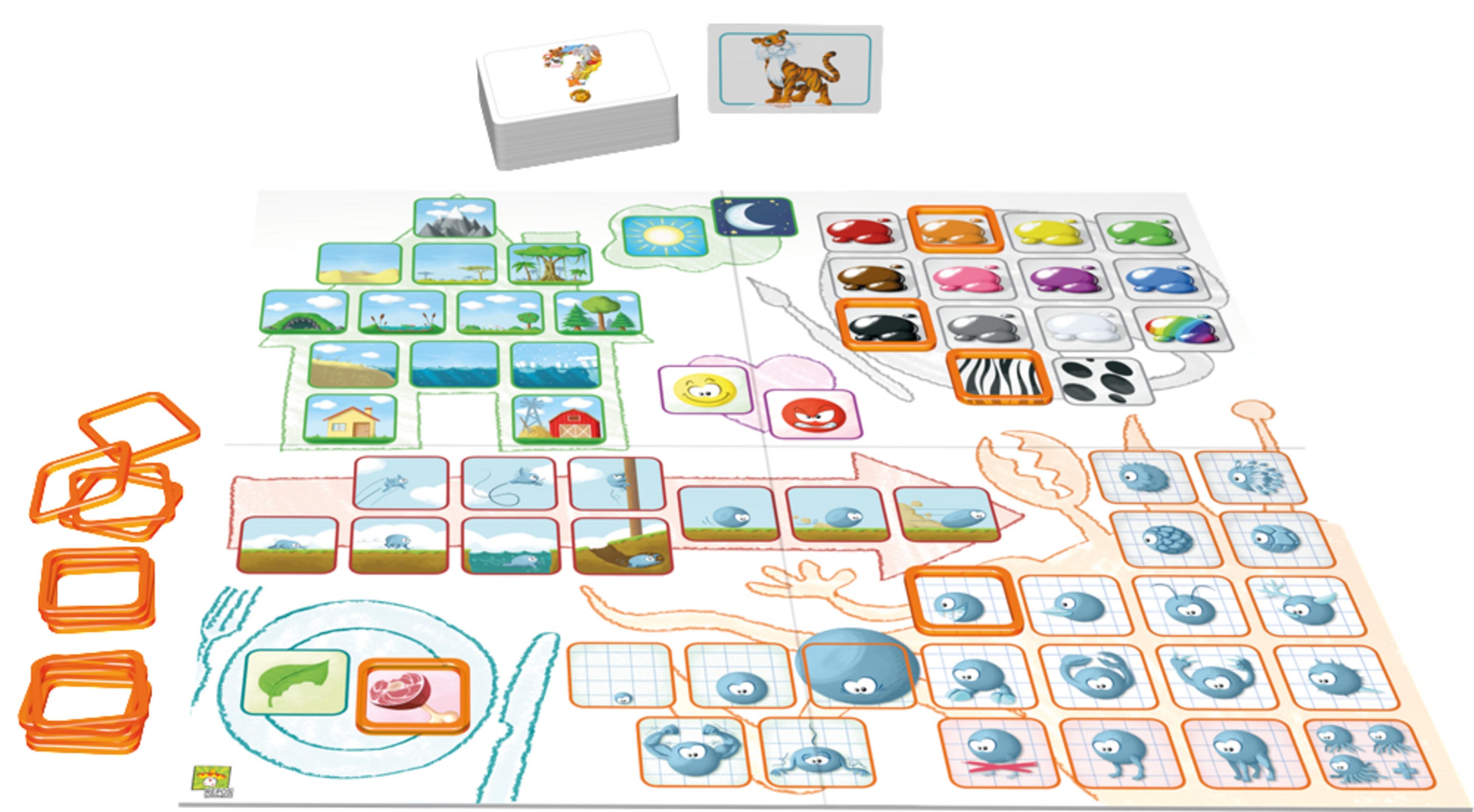 Brettspiel mit Karten, buntem Spielbrett und orangefarbenen Formen.
