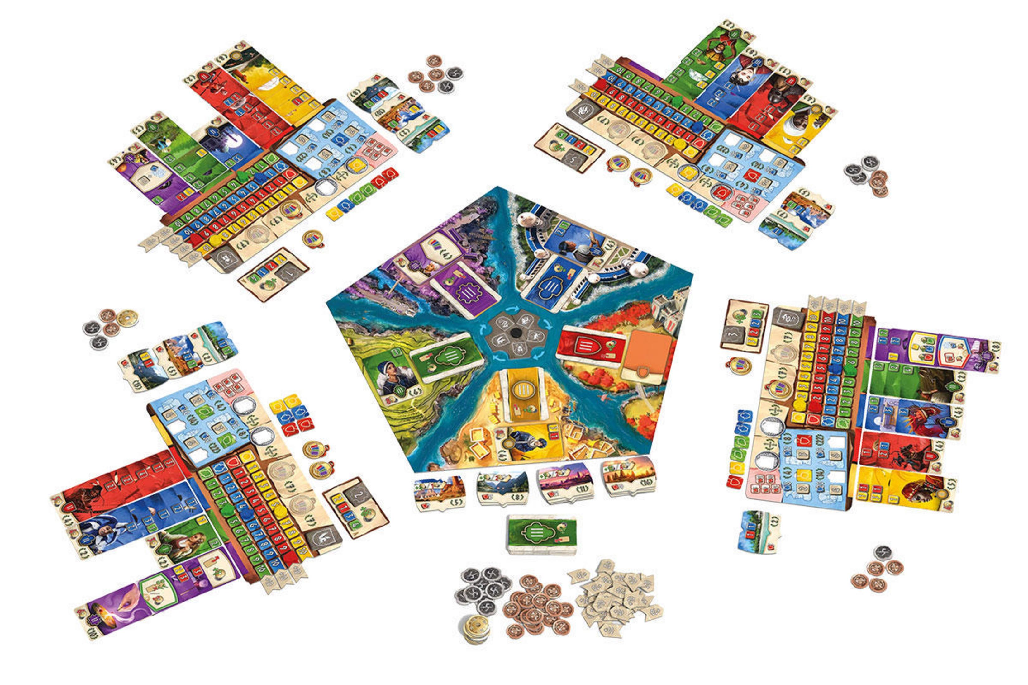 Ein Brettspiel-Setup mit mehreren Spielbrettern, Spielsteinen und Spielmaterialien. Das Layout ist komplex und farbenfroh.