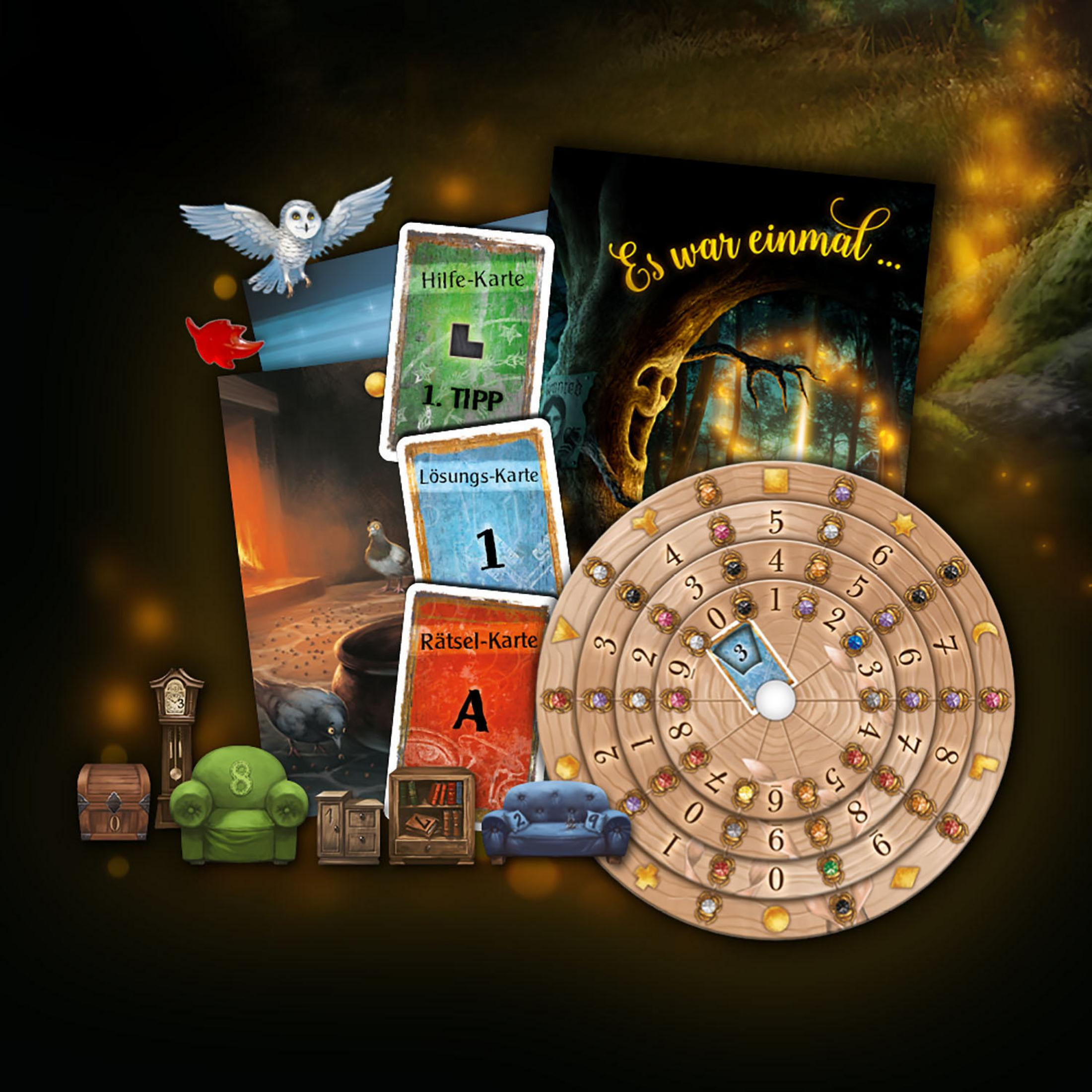 Brettspiel mit Karten, Eule und Möbeln. Ein kreisförmiges Spielbrett ist der Mittelpunkt.