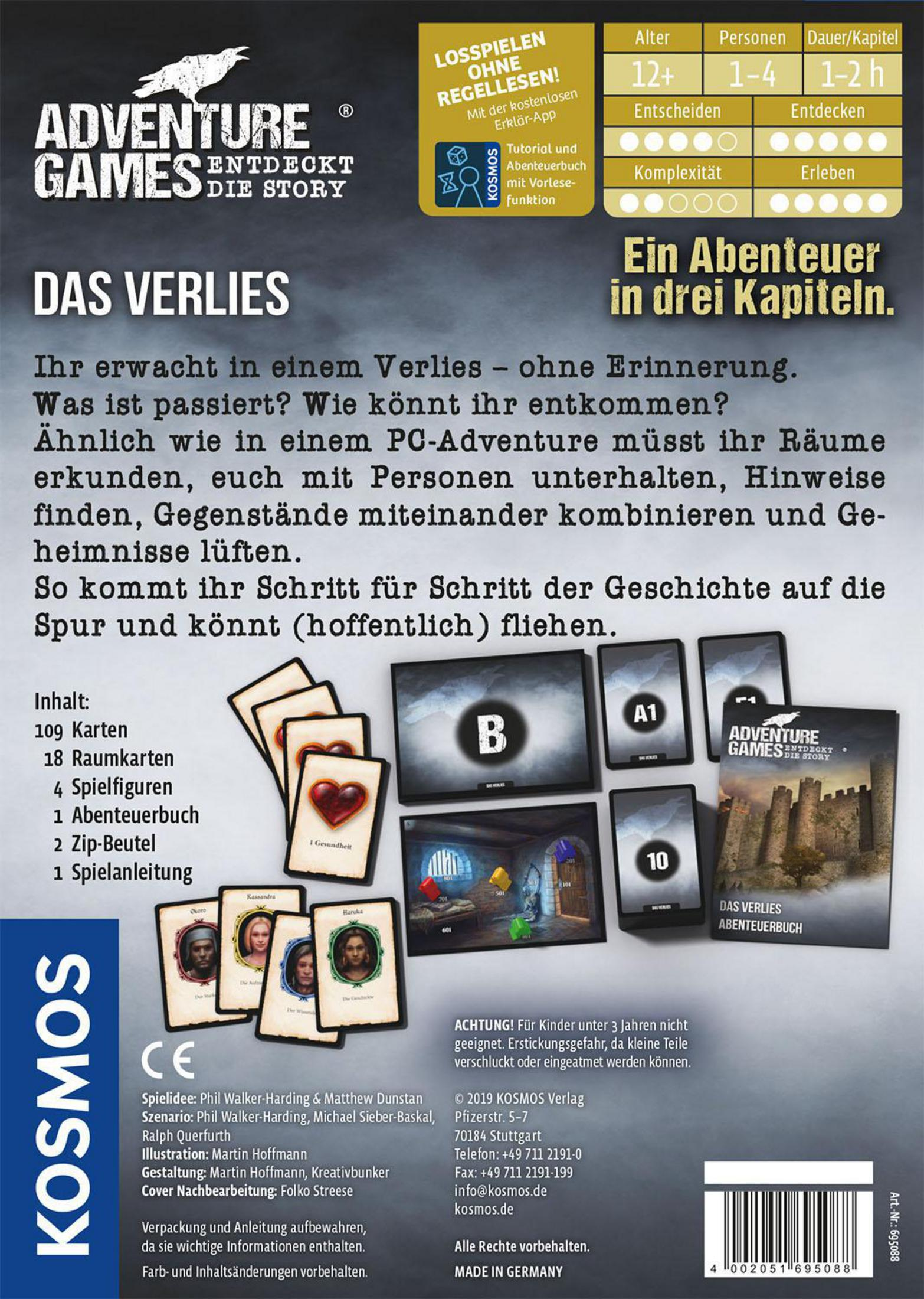 Adventure Games: Die Dungeon Spielbox mit Karten, Illustrationen von Charakteren und einer Szene.