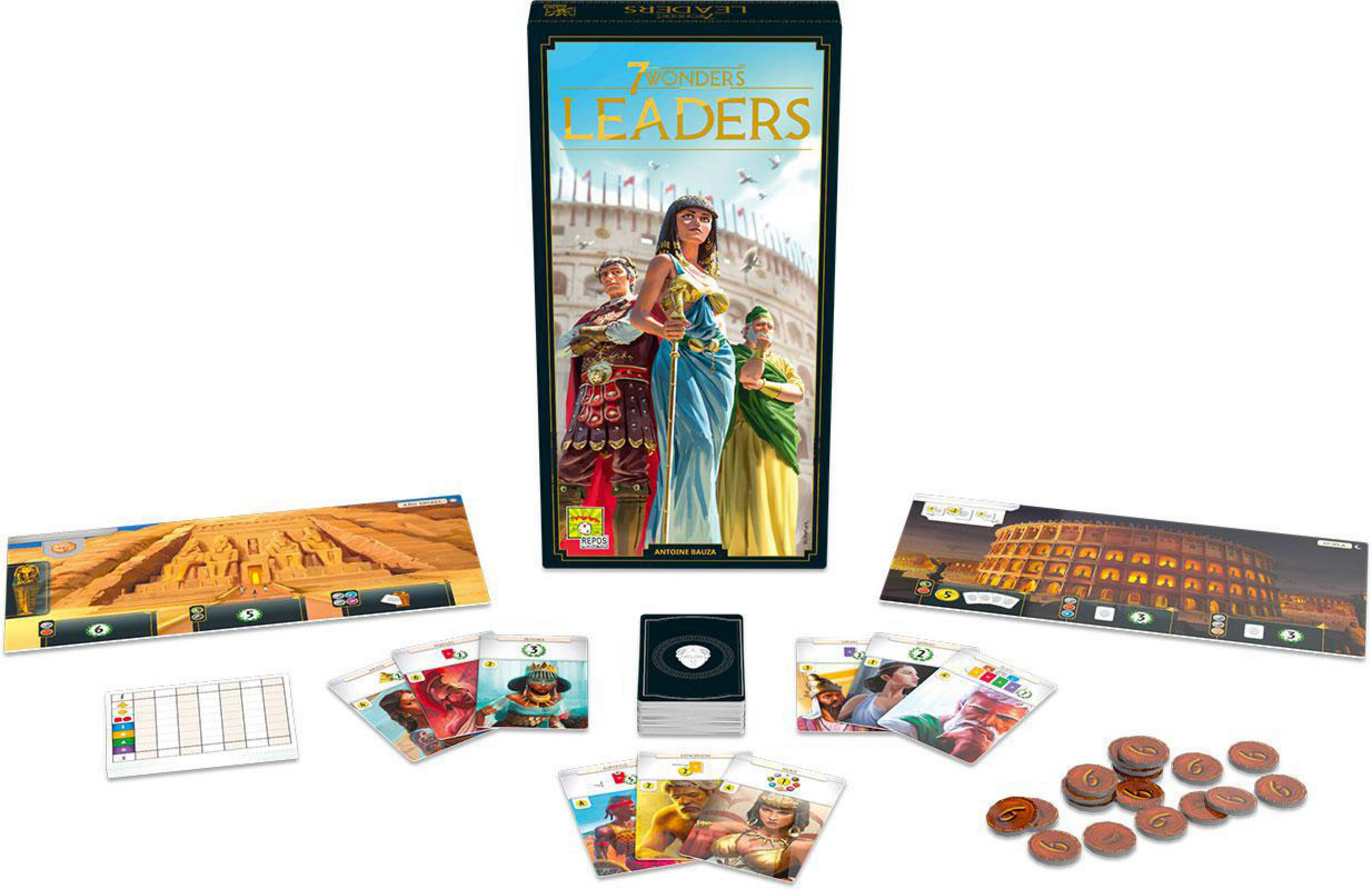 Box-Set des 7 Wonders Leaders Brettspiels, mit Spielkomponenten.