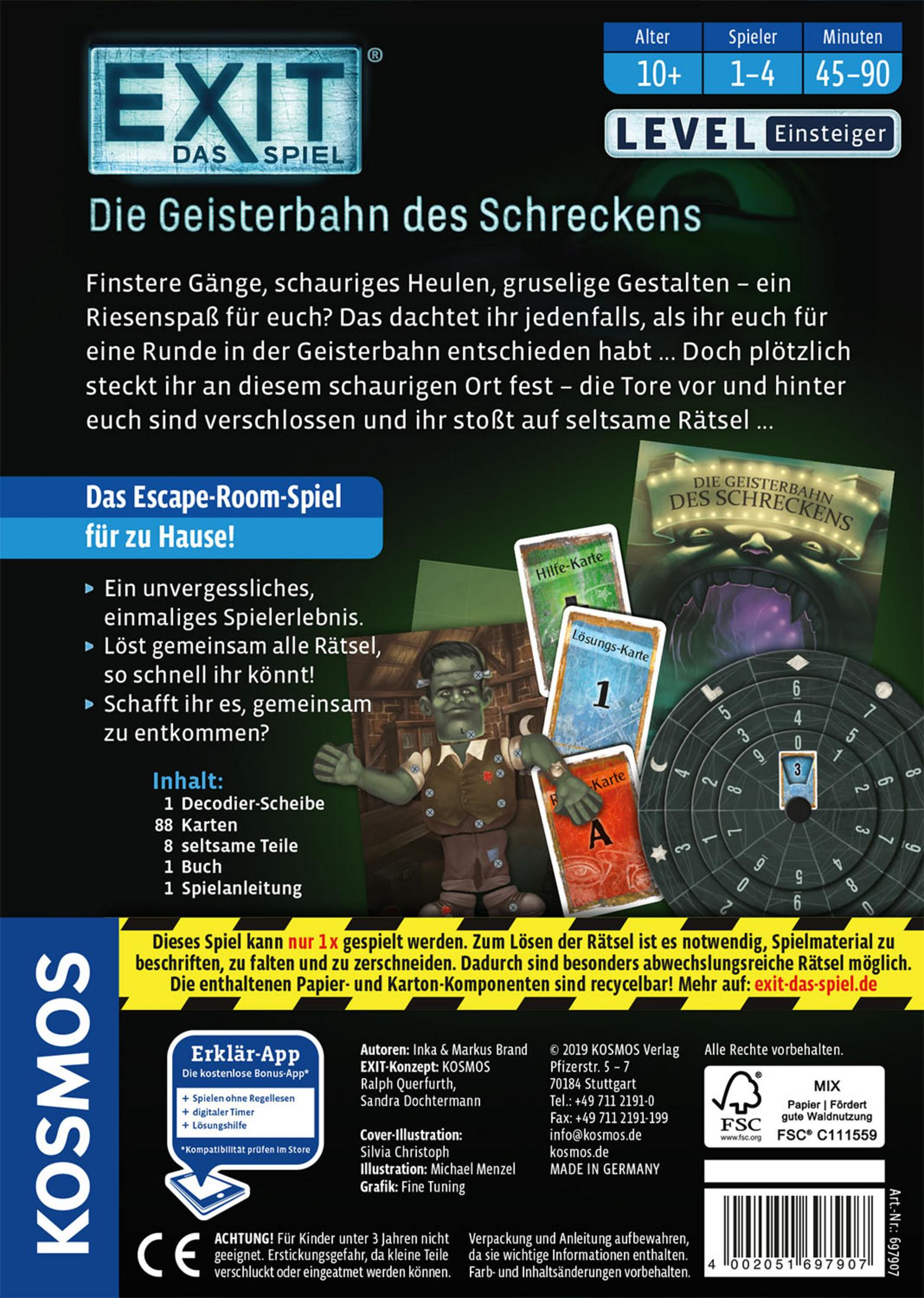 Rückseite der Box eines EXIT-Spiels. Es zeigt die Spielkomponenten und ein gruseliges Geisterhaus-Thema.