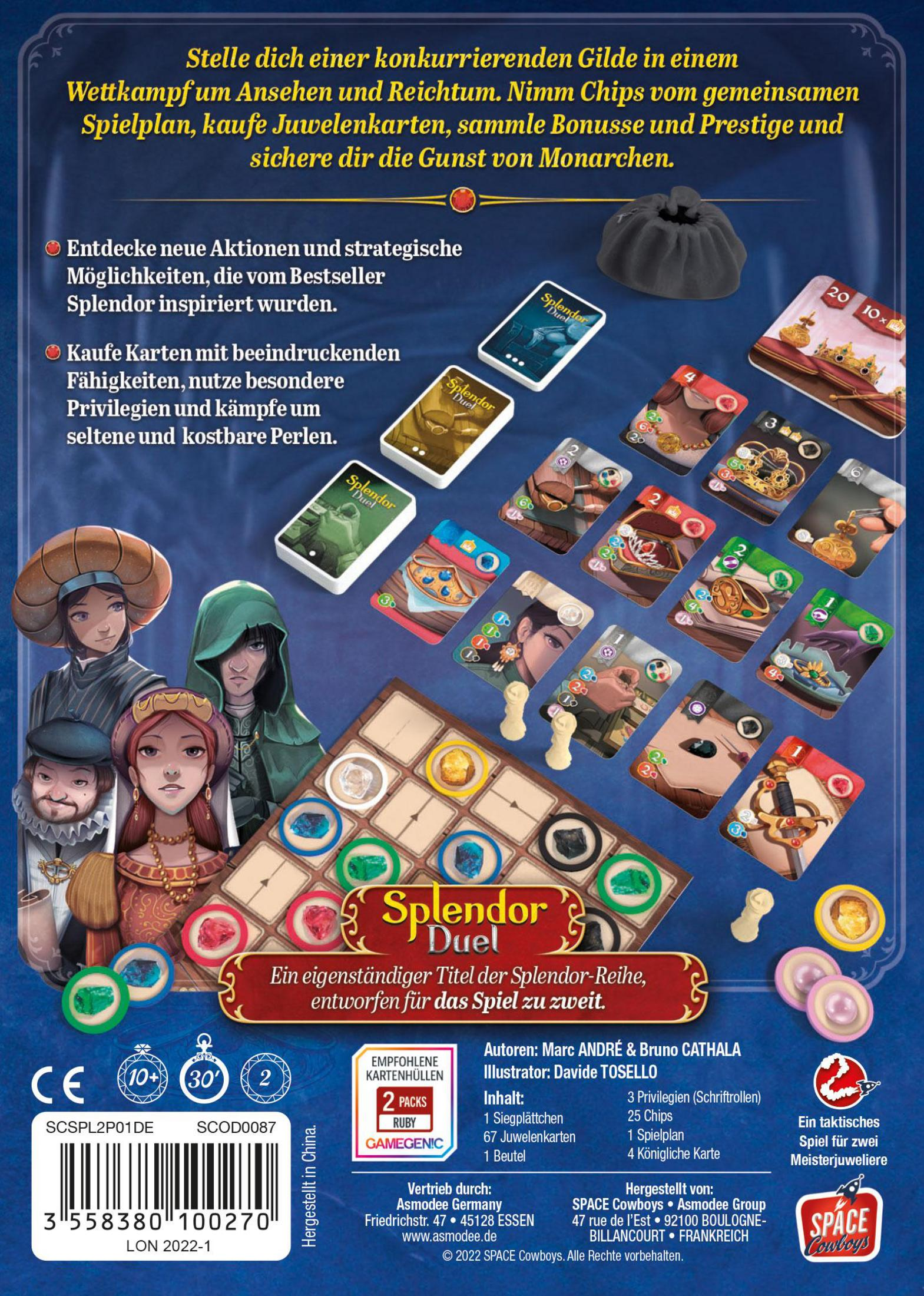 Die Rückseite einer Brettspielbox mit Illustrationen von Karten, Token und Charakteren. Der Titel ist Splendor Duel.