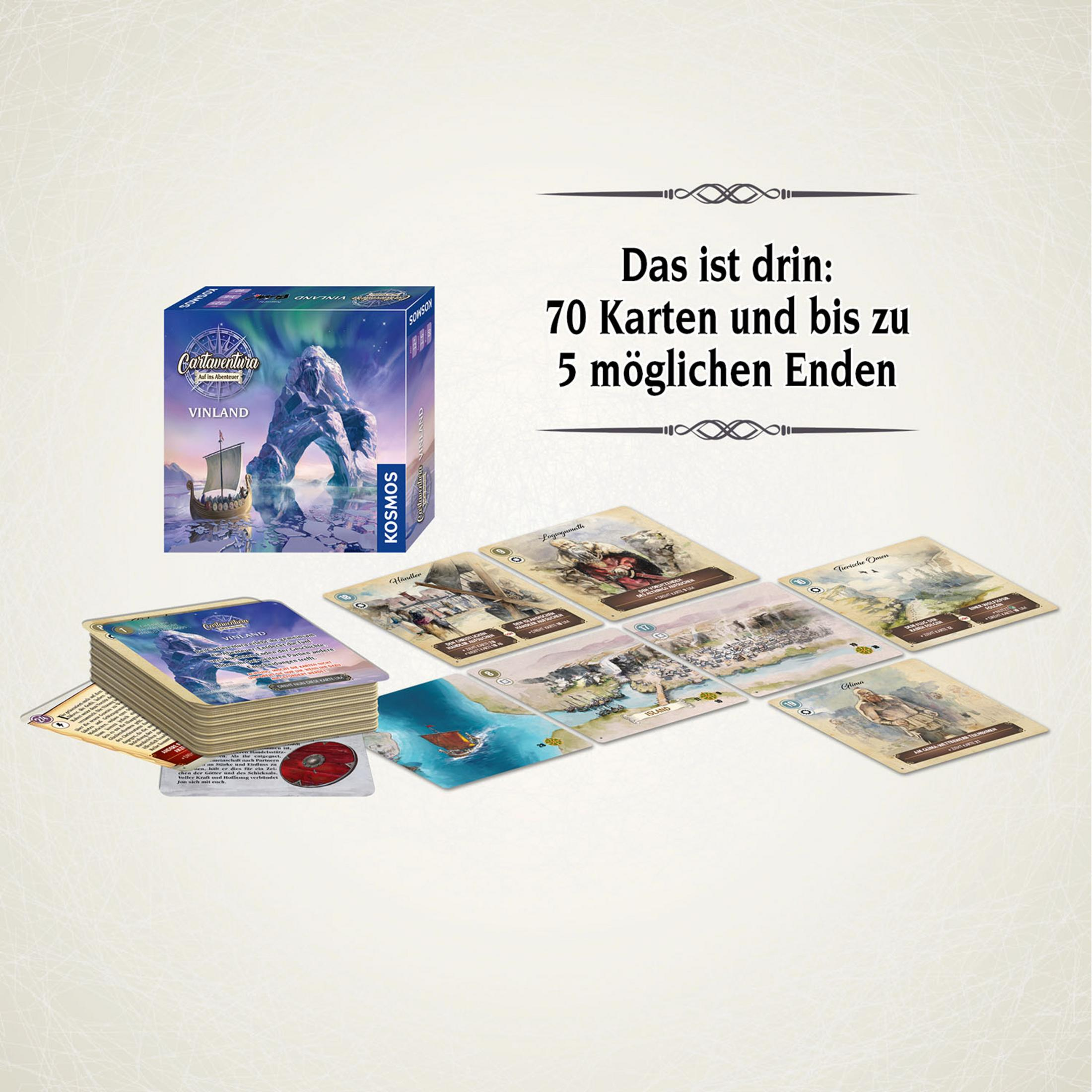 Brettspiel mit Wikingerschiff- und Landschaftskarten, mit einer Box im Hintergrund.