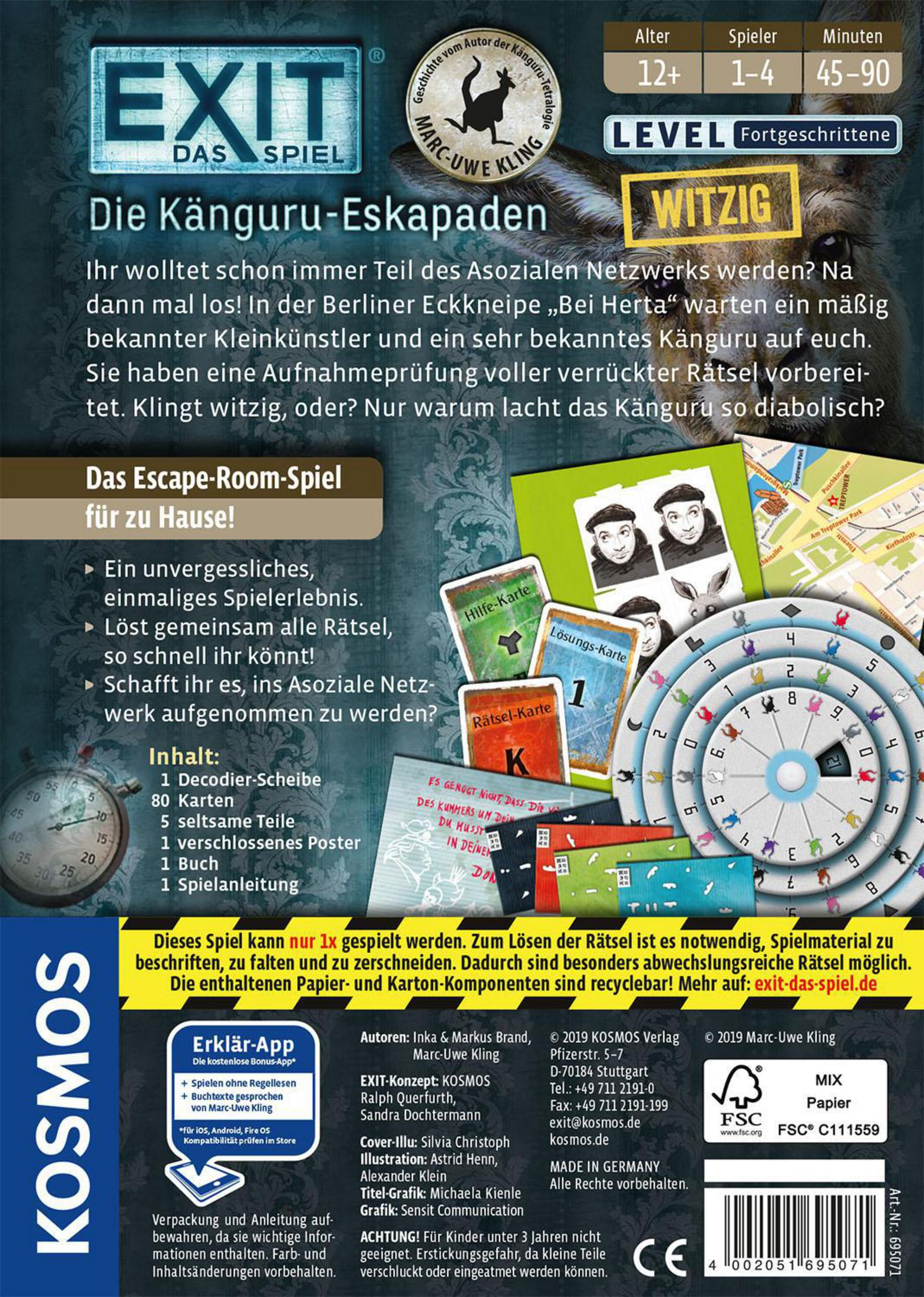 Rückseite der 'Exit' Brettspielbox. Zeigt eine Spielszene und Spielkomponenten mit Text und Anweisungen.