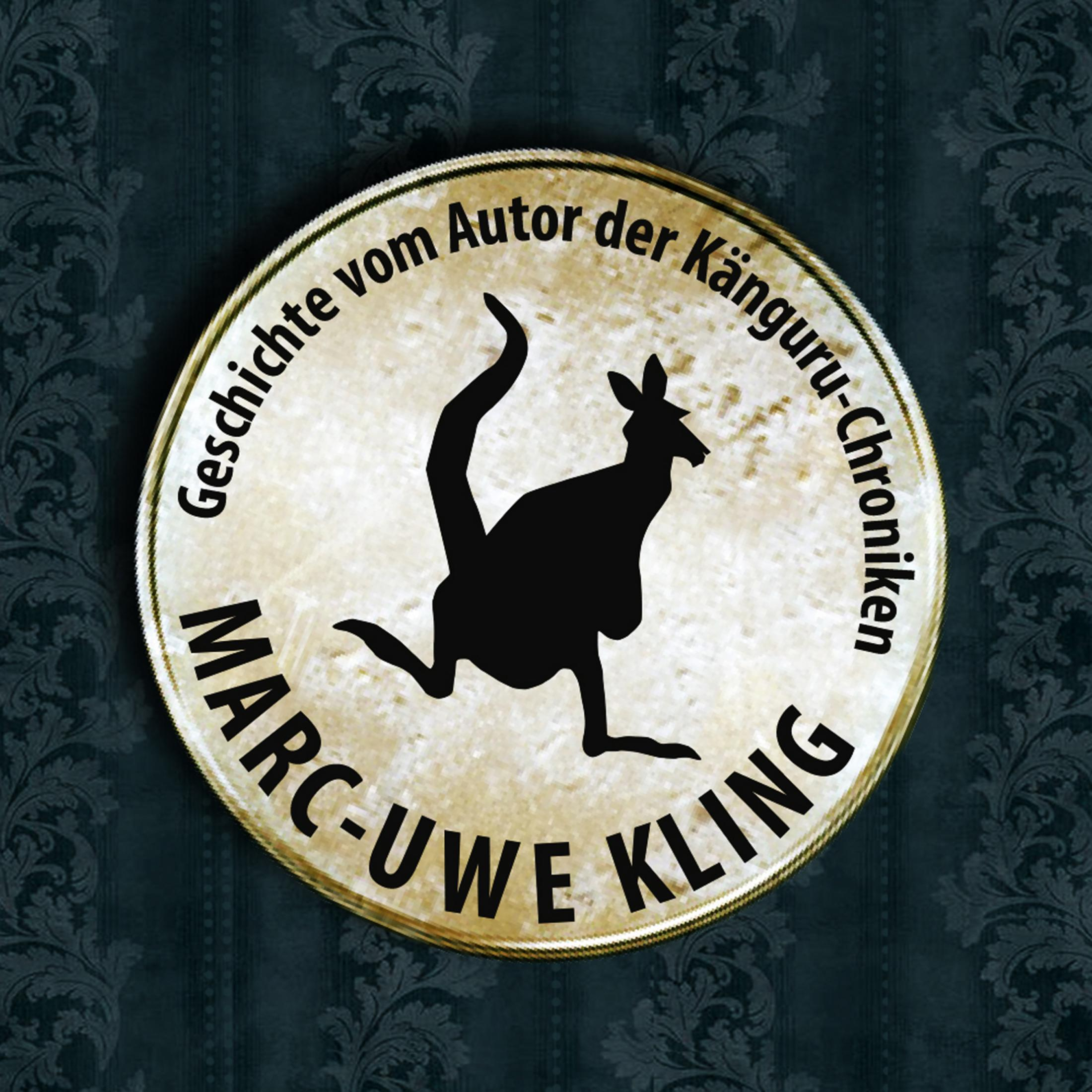 Runder Aufnäher mit Känguru-Silhouette und Text. Der Text lautet 'Geschichte vom Autor der Känguru-Chroniken'.