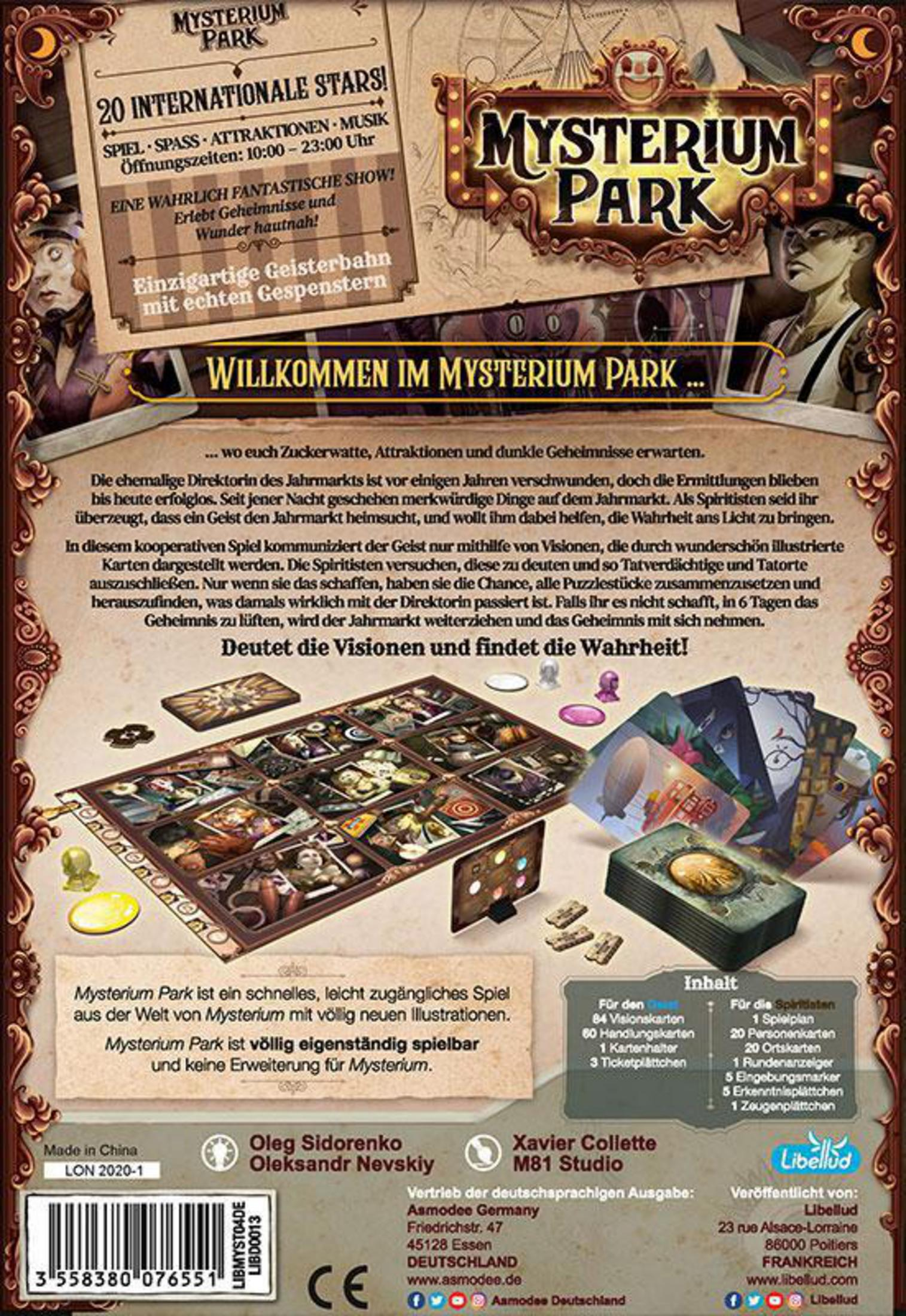 Brettspielbox mit Text und Bildern, die sich auf ein Mysterium beziehen.