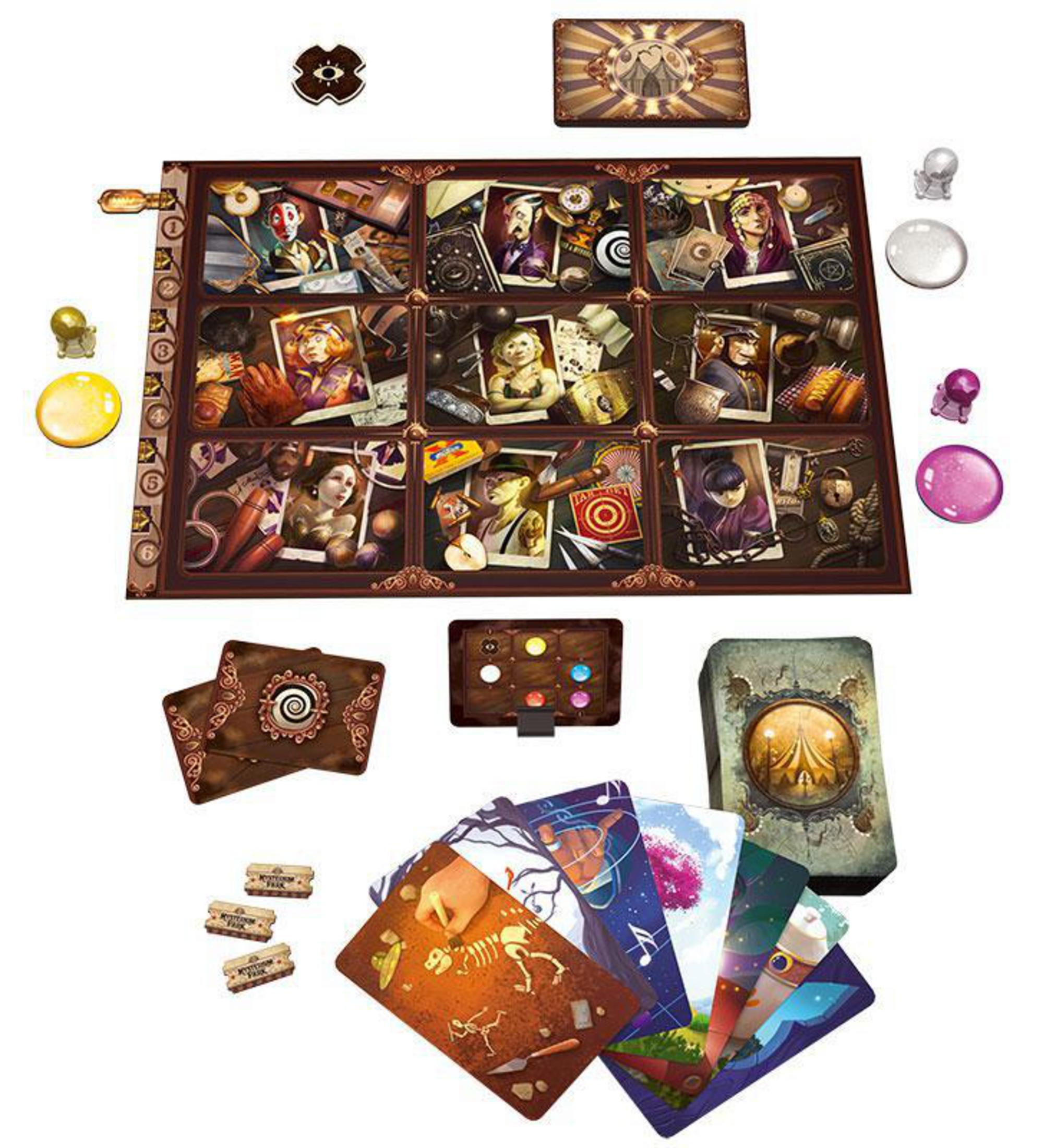 Brettspiel mit Karten, Spielfiguren und einem Spielbrett mit Charakterporträts.