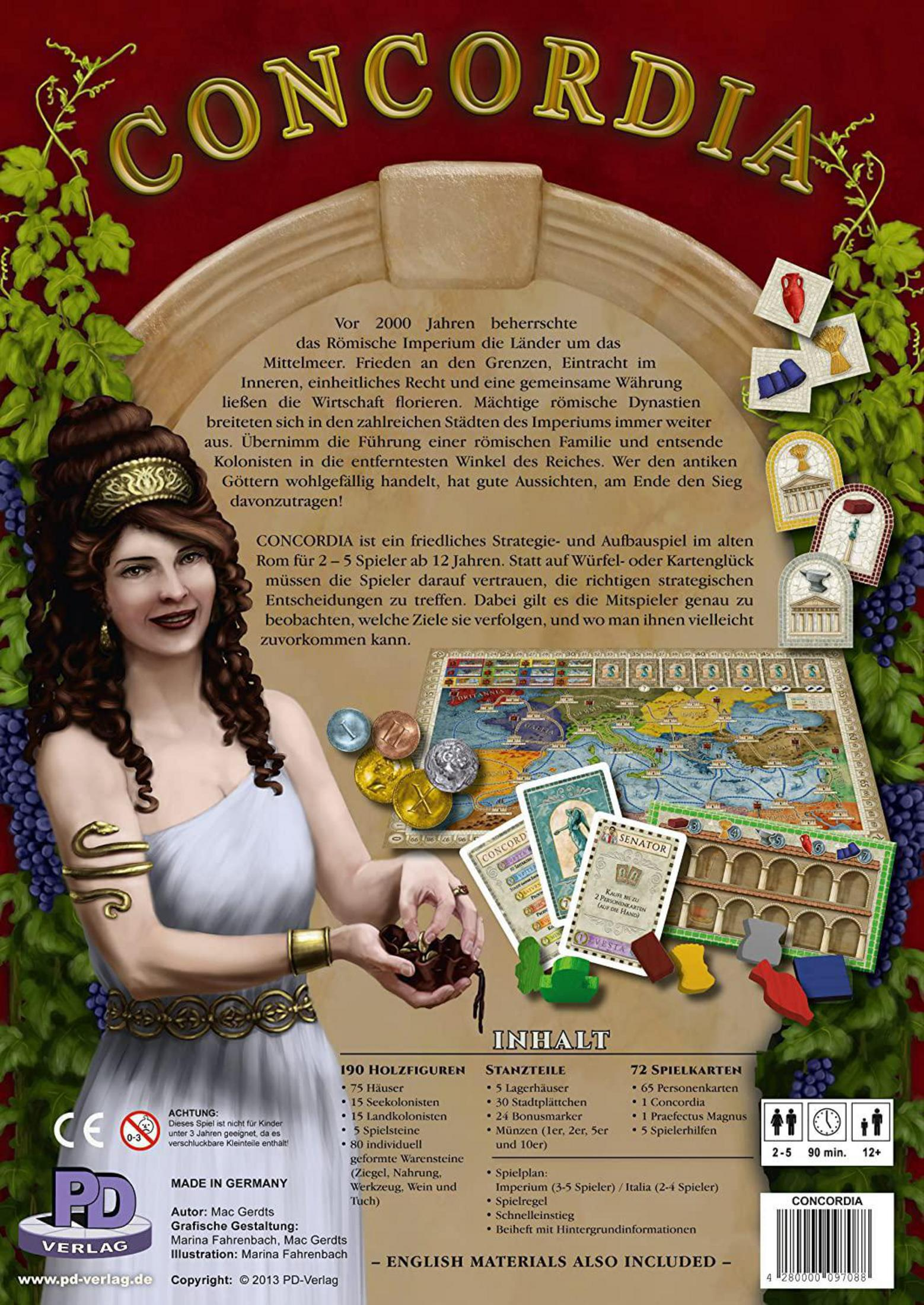 Rückseite der Brettspielbox von Concordia, die eine Frau zeigt, die Münzen hält und Spieldetails.