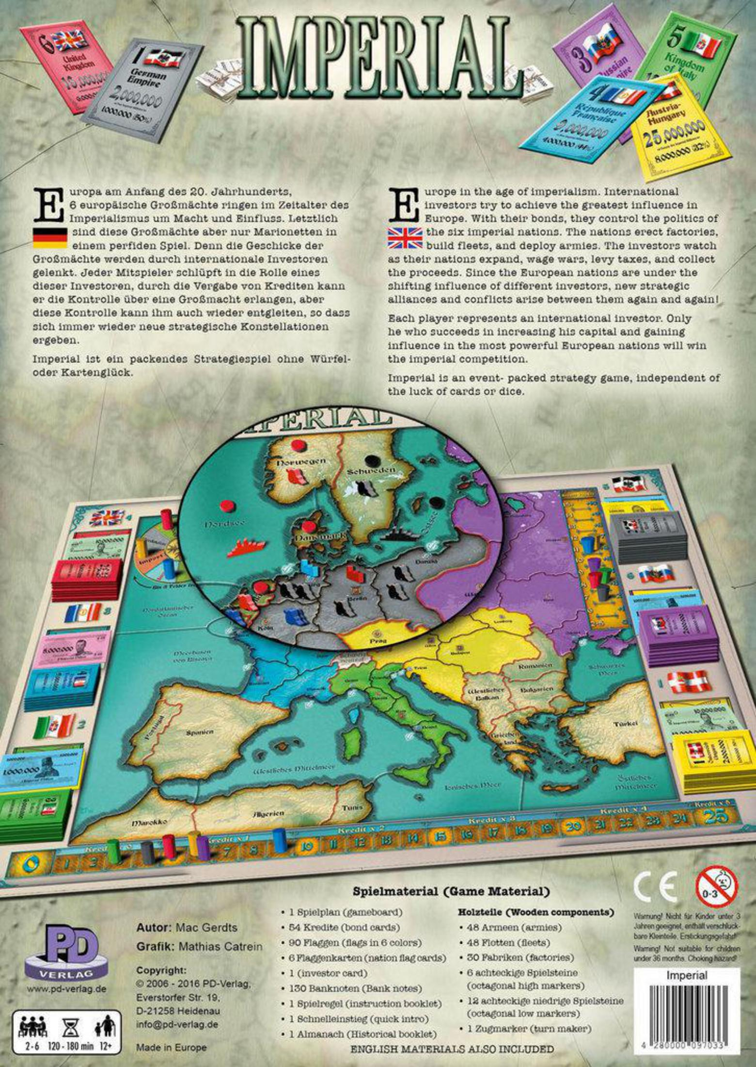 Rückseite der 'Imperial' Brettspielbox, mit Karte, Spielsteinen und Text in Englisch und anderen Sprachen.