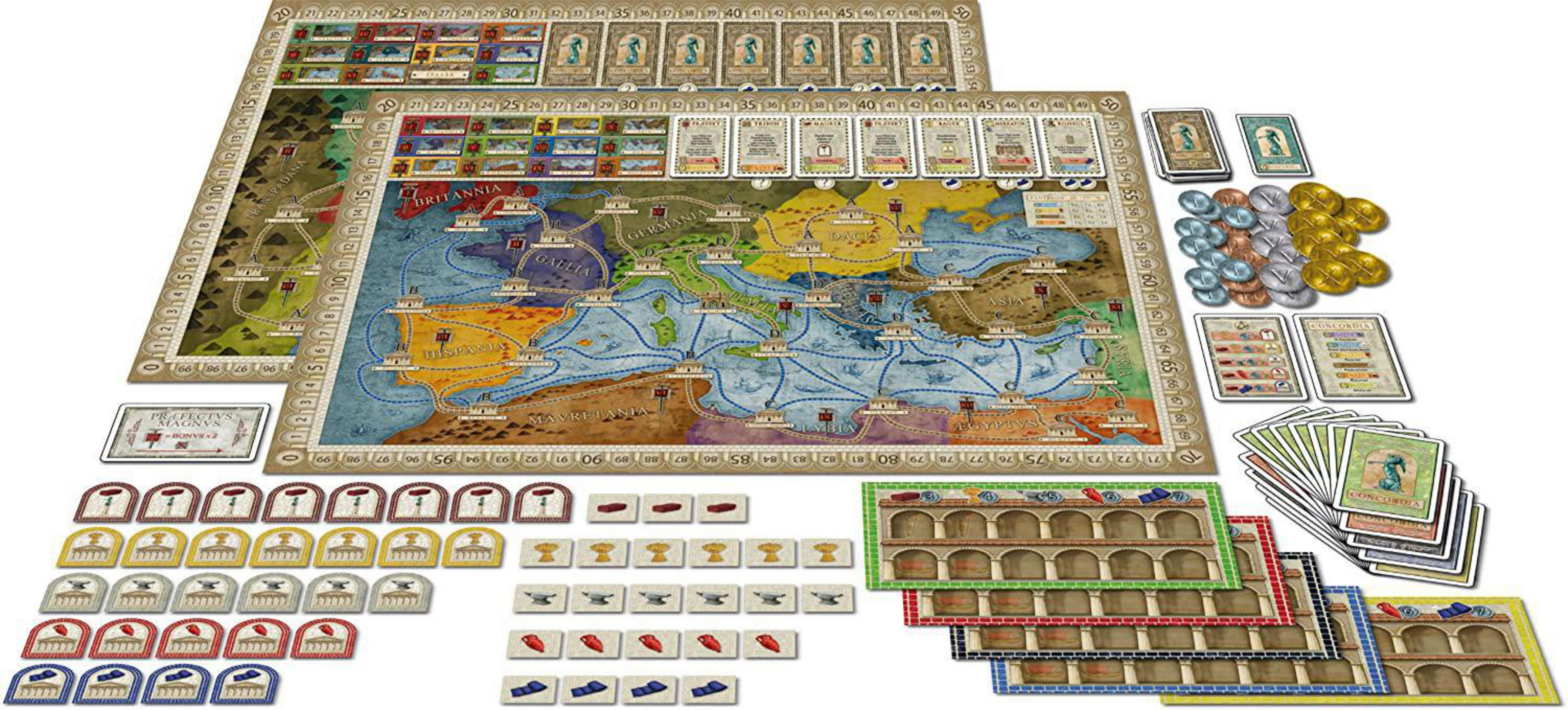 Ein Brettspiel mit Spielbrettern, Karten und Spielsteinen, die auf einem Tisch ausgelegt sind.