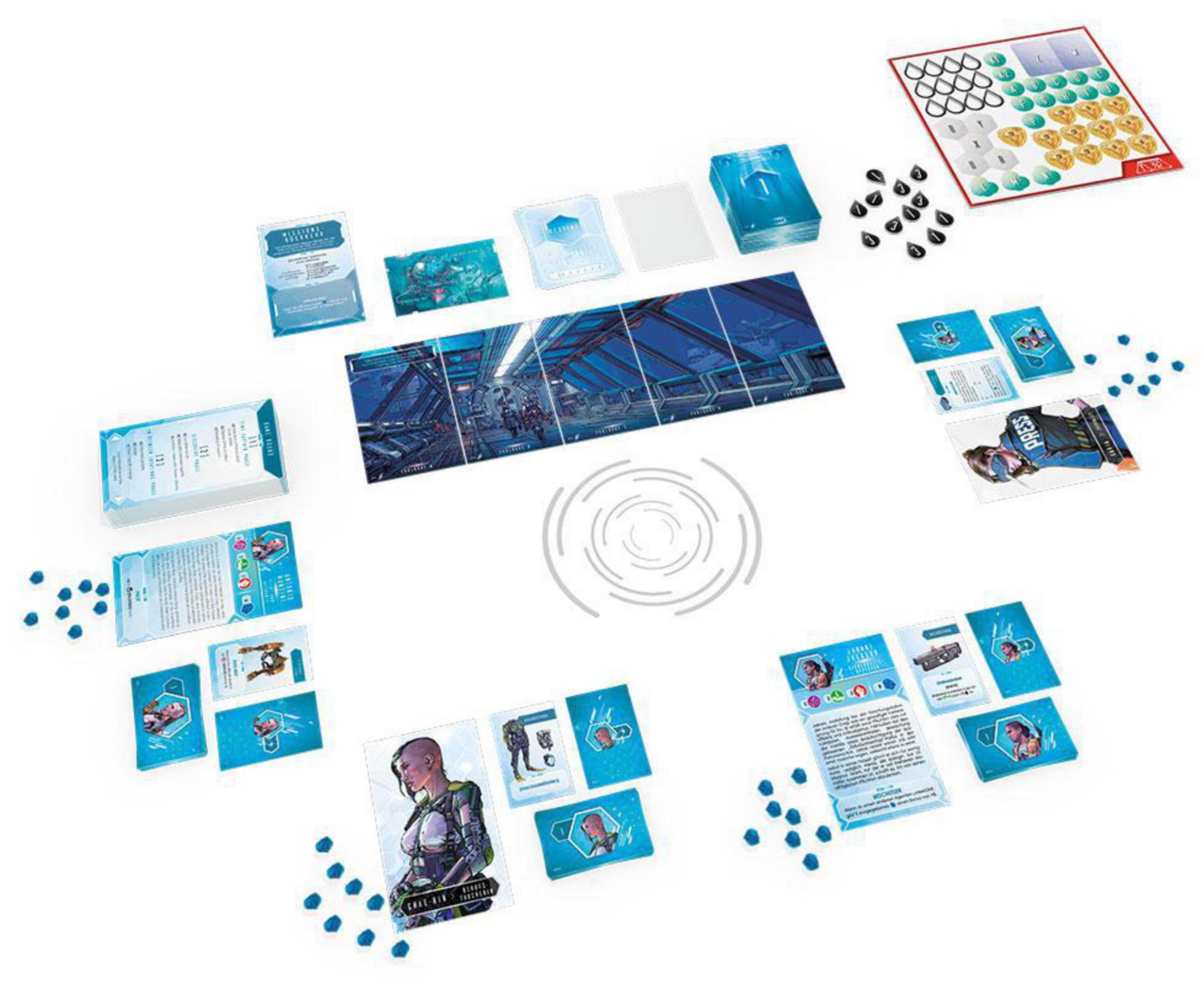Spielkomponenten: Karten, Kacheln, Spielsteine und Spielbrett.