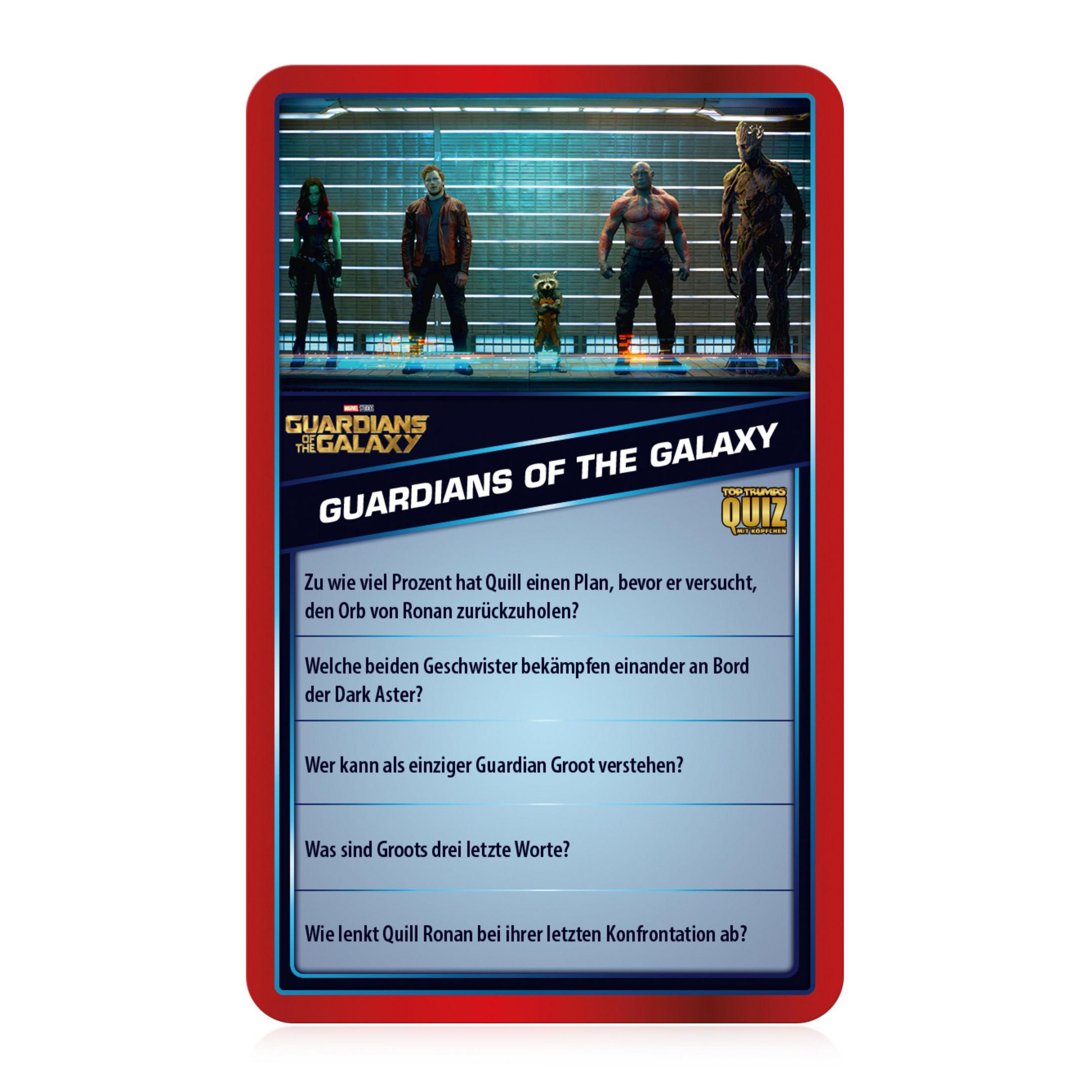 Eine Quizkarte für 'Guardians of the Galaxy' mit Fragen und Charakterbildern.