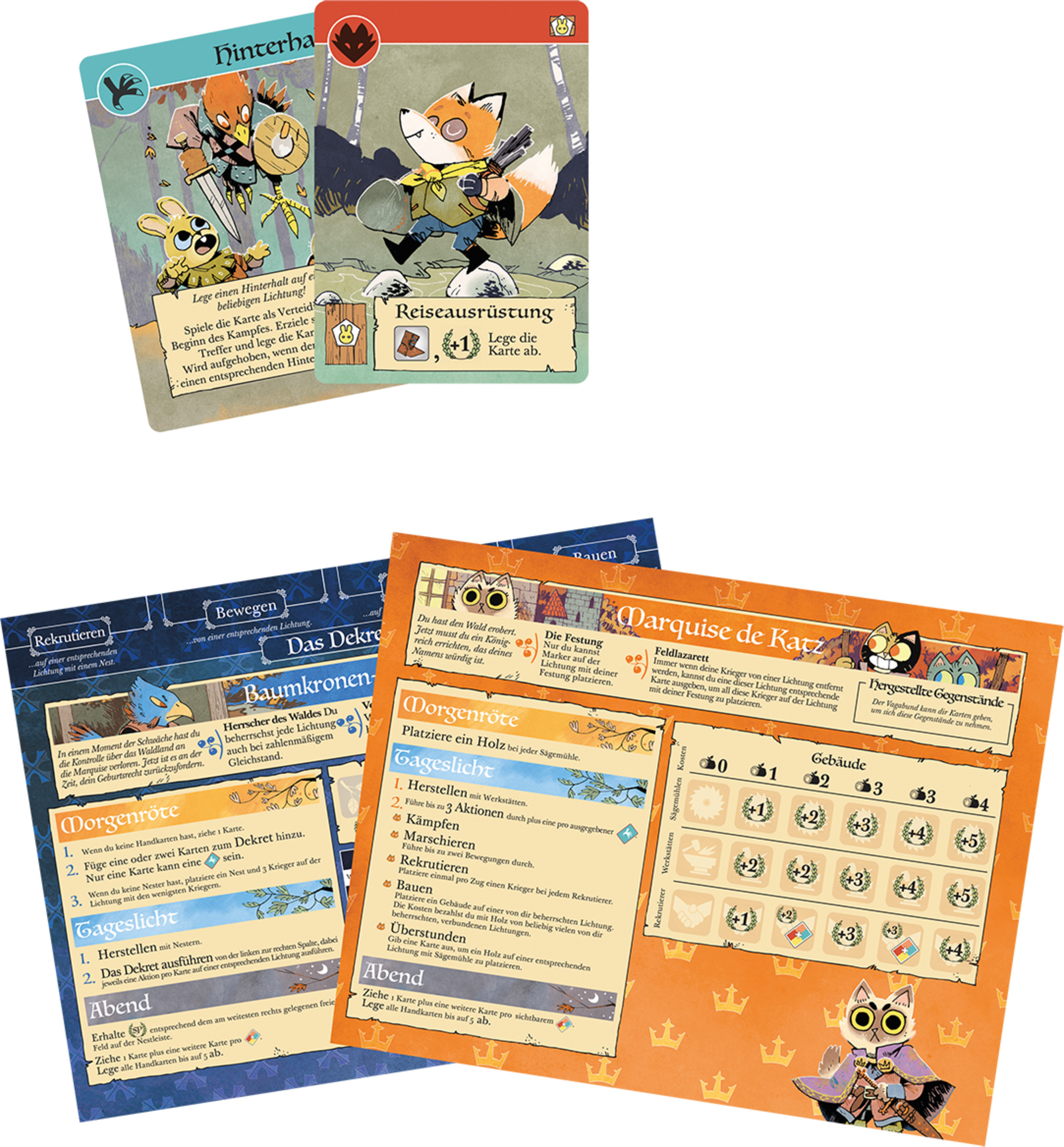 Spielkarten mit Tiermotiven: Fuchs, Vogel, Hase. Fantasy-Wald-Setting mit Text.