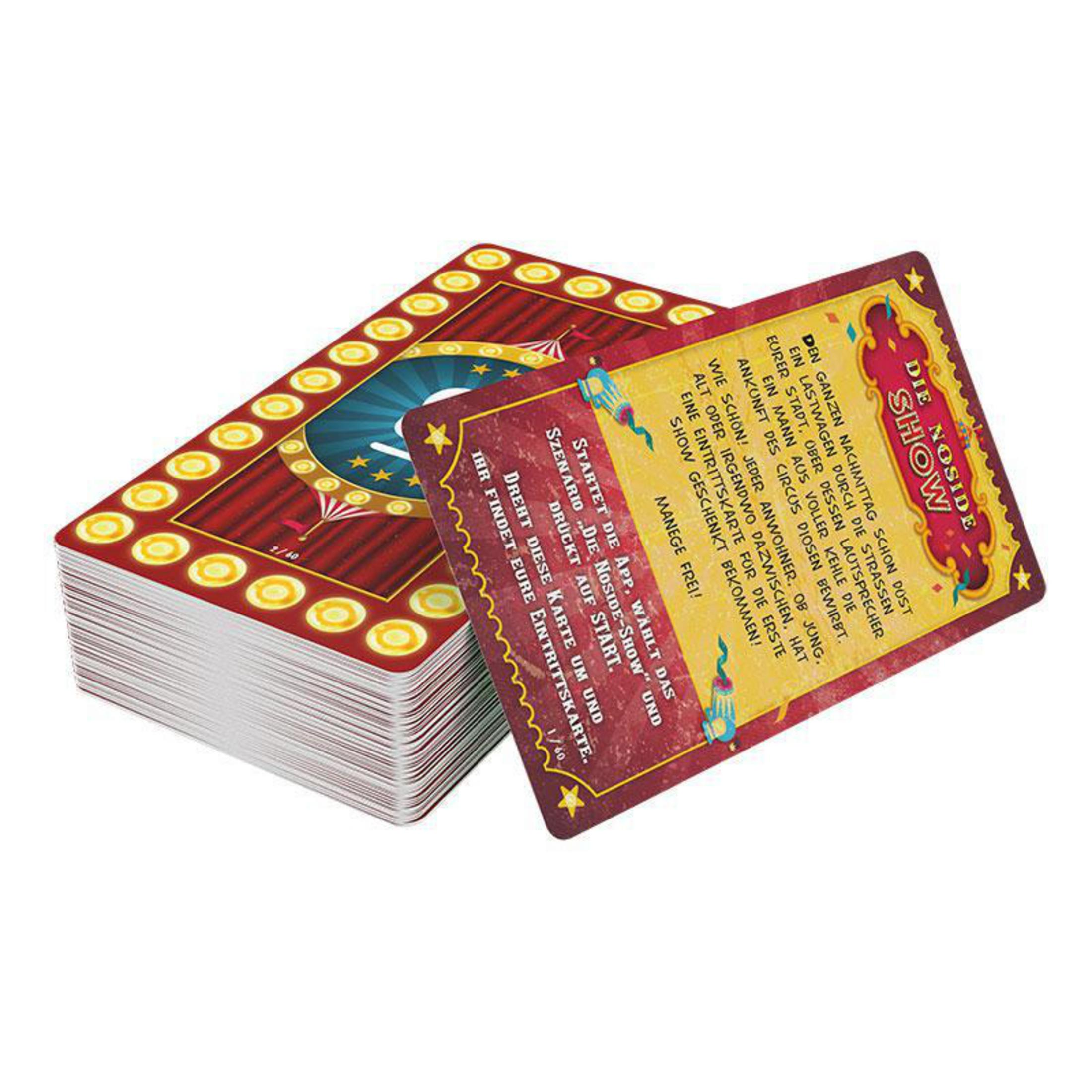 Kartenspiel, rot mit goldenem Rand. Text: Die Noside Show. Eine andere Karte oben mit Text.