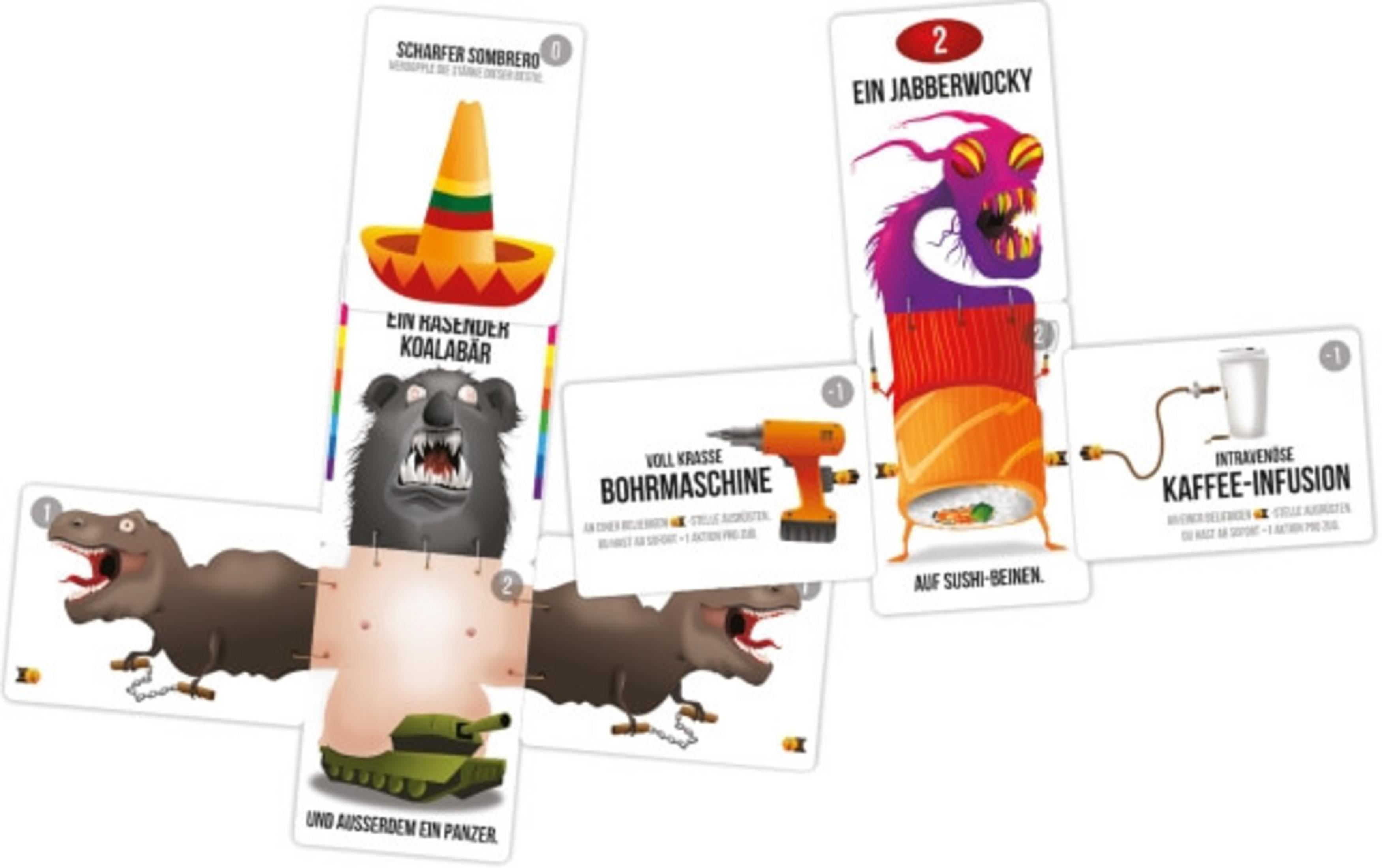 Karten eines Spiels. Jede Karte hat ein anderes Bild. Die Hauptkarte ist ein Dinosaurier.
