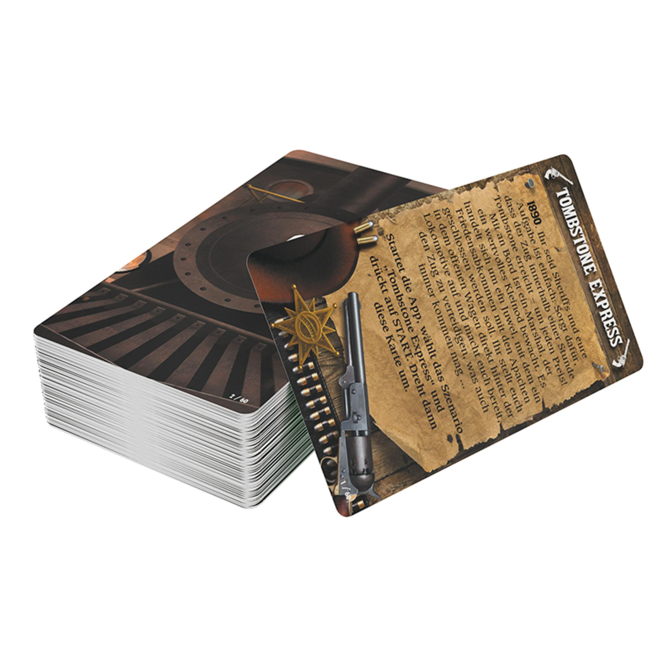 Karten mit Text und Bildern, für das Spiel Tombstone Express.