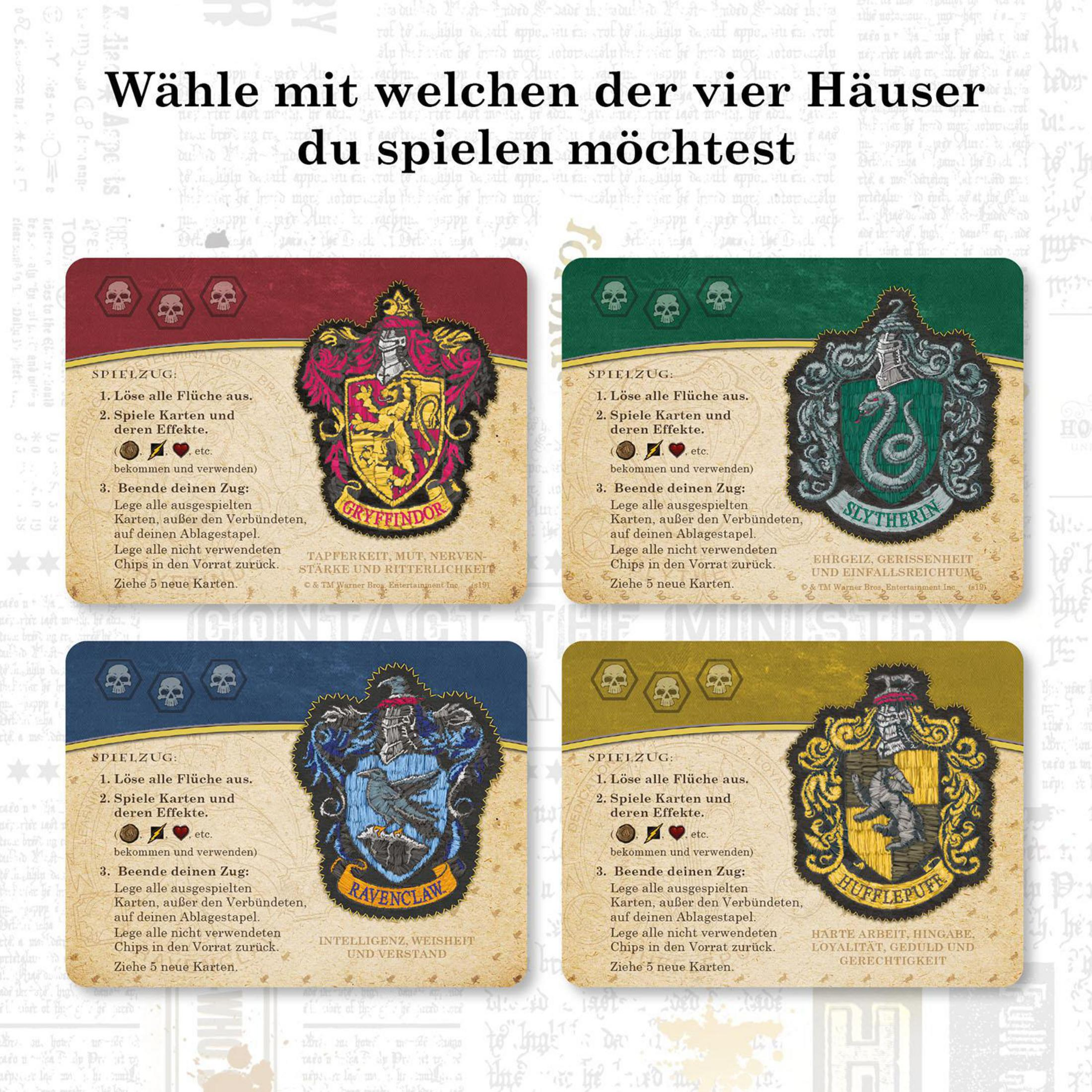 Vier Spielkarten mit Wappen der vier Häuser aus Harry Potter, mit Anweisungen und Symbolen.