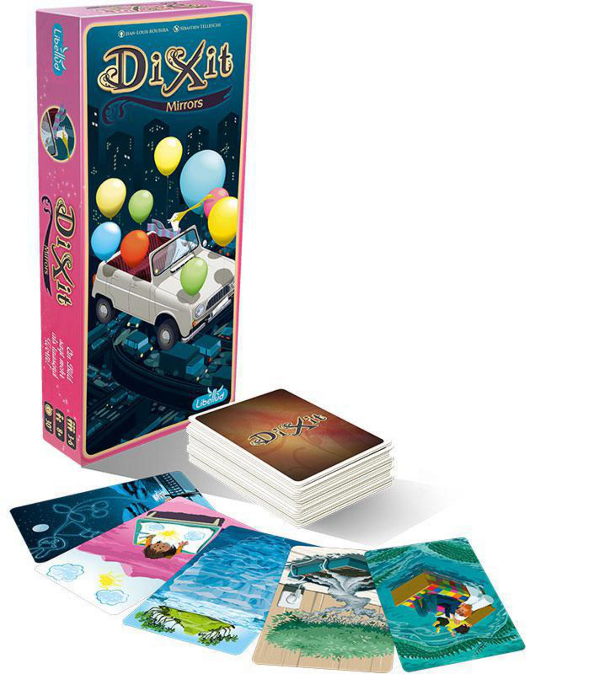 Spielbox mit Karten, Auto und Luftballons. Zeigt eine Skyline.