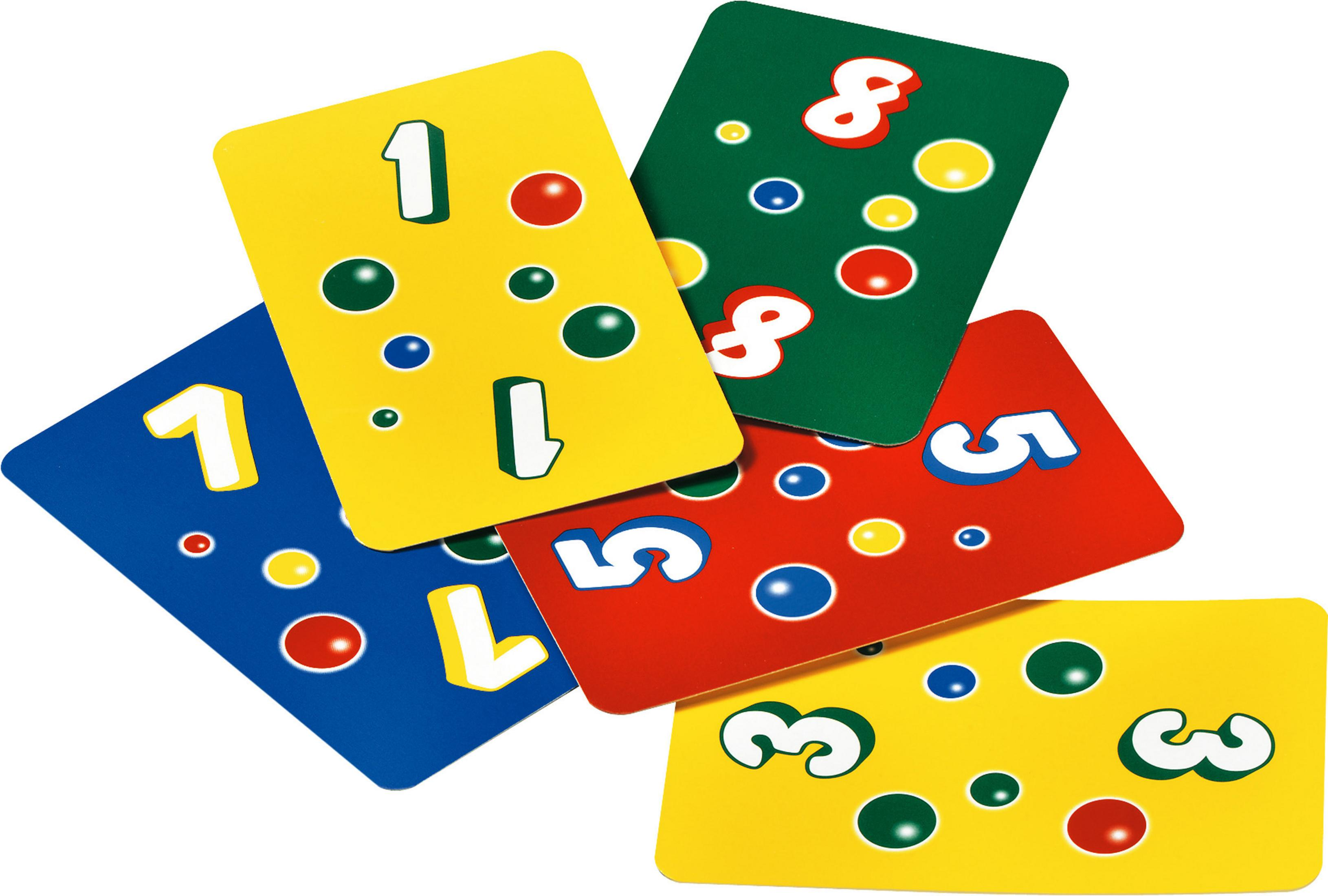 Vier Spielkarten mit Zahlen und bunten Kreisen darauf, angeordnet vor weißem Hintergrund.