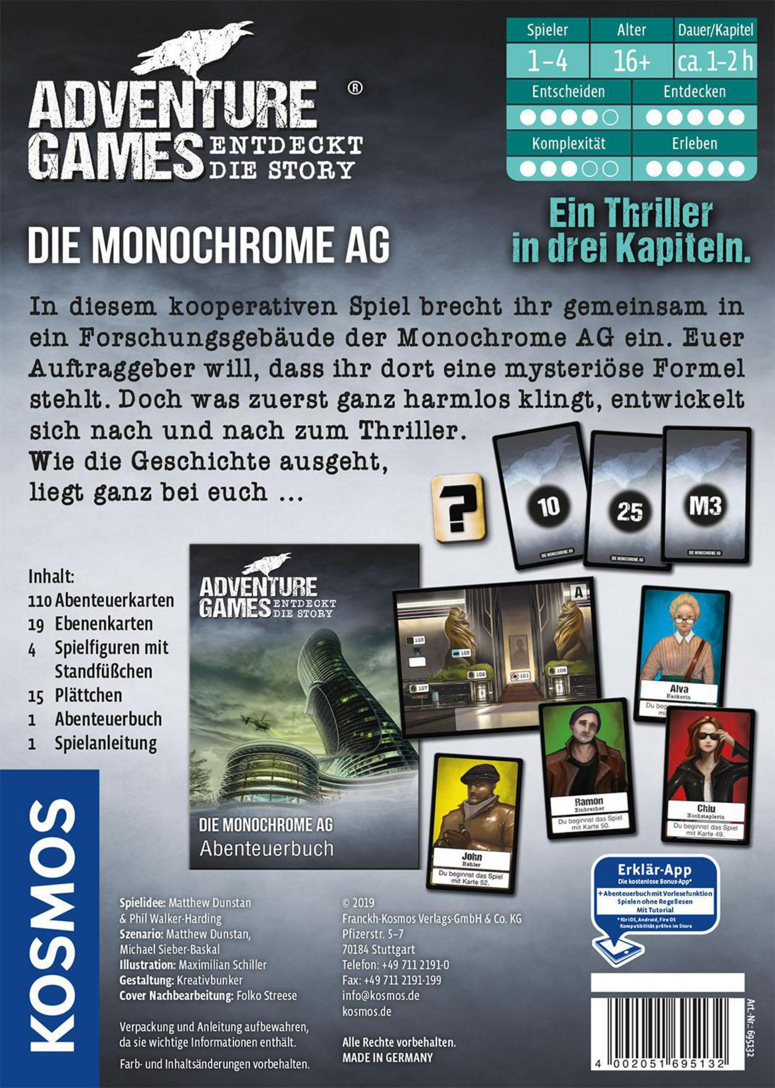 Rückseite einer Brettspielbox mit Spielsteinen, Figuren und Text auf Deutsch.
